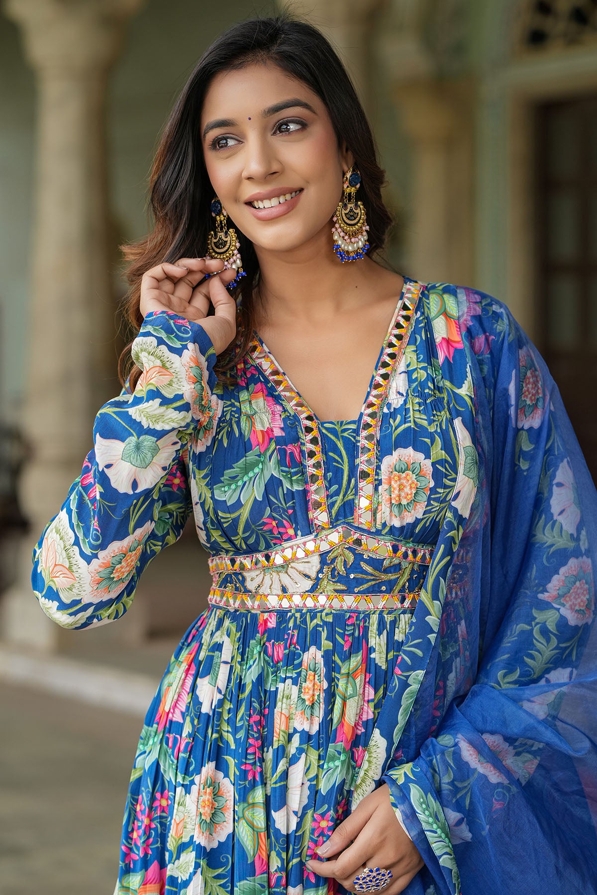 Blue Floral Viscose Crepe Handwork Anarkali Suit