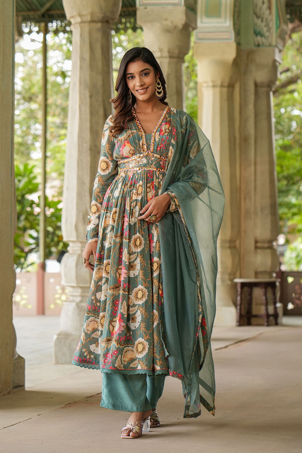 Green Floral Viscose Crepe Handwork Anarkali Suit