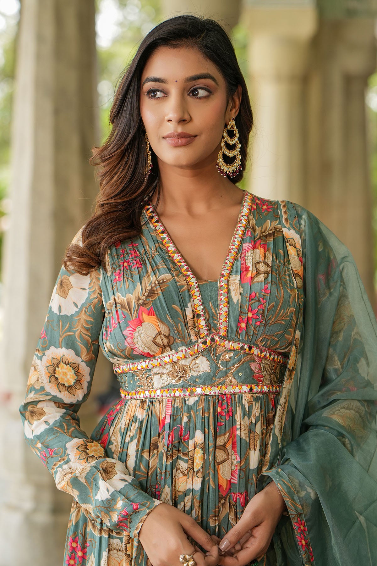 Green Floral Viscose Crepe Handwork Anarkali Suit