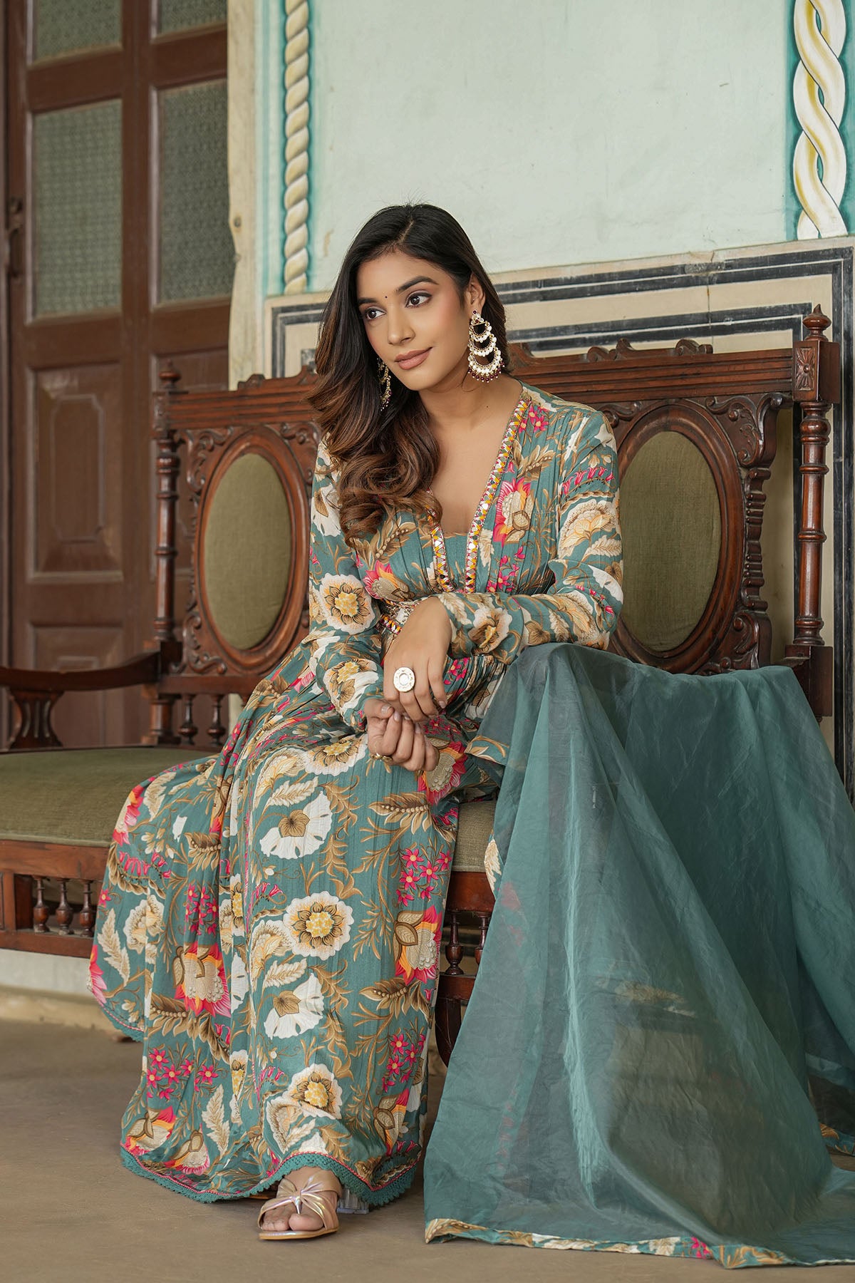 Green Floral Viscose Crepe Handwork Anarkali Suit