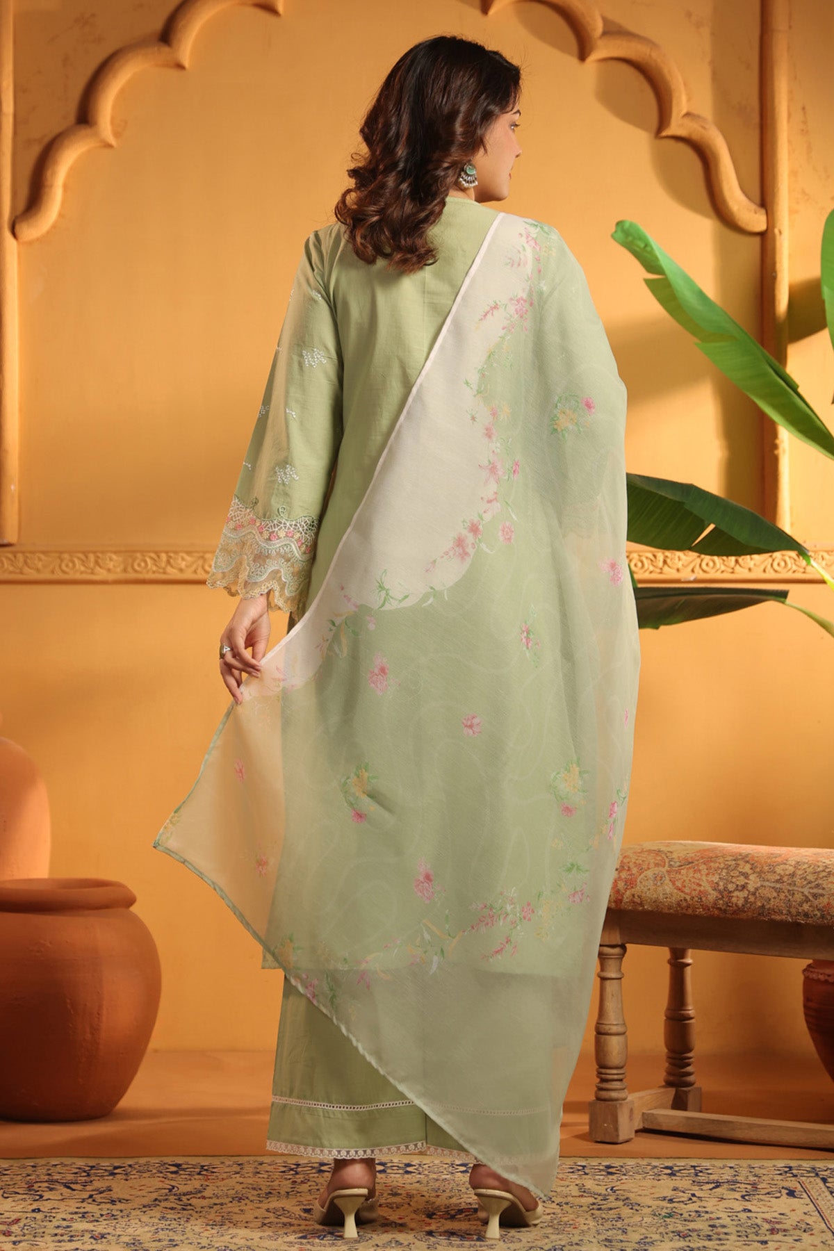 Sage Green Cotton Embroidered Pakistani Straight Suit Set With Dupatta