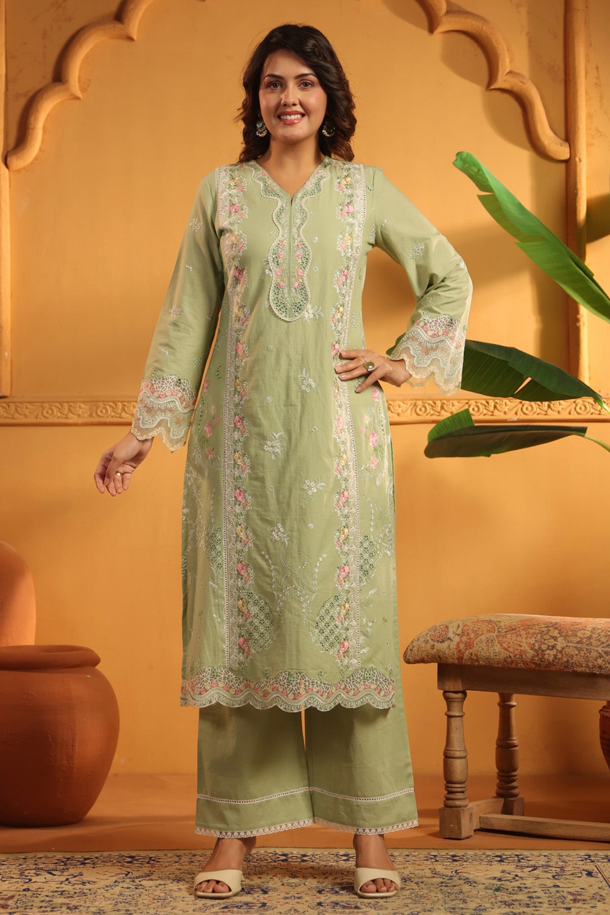 Sage Green Cotton Embroidered Pakistani Straight Suit Set With Dupatta