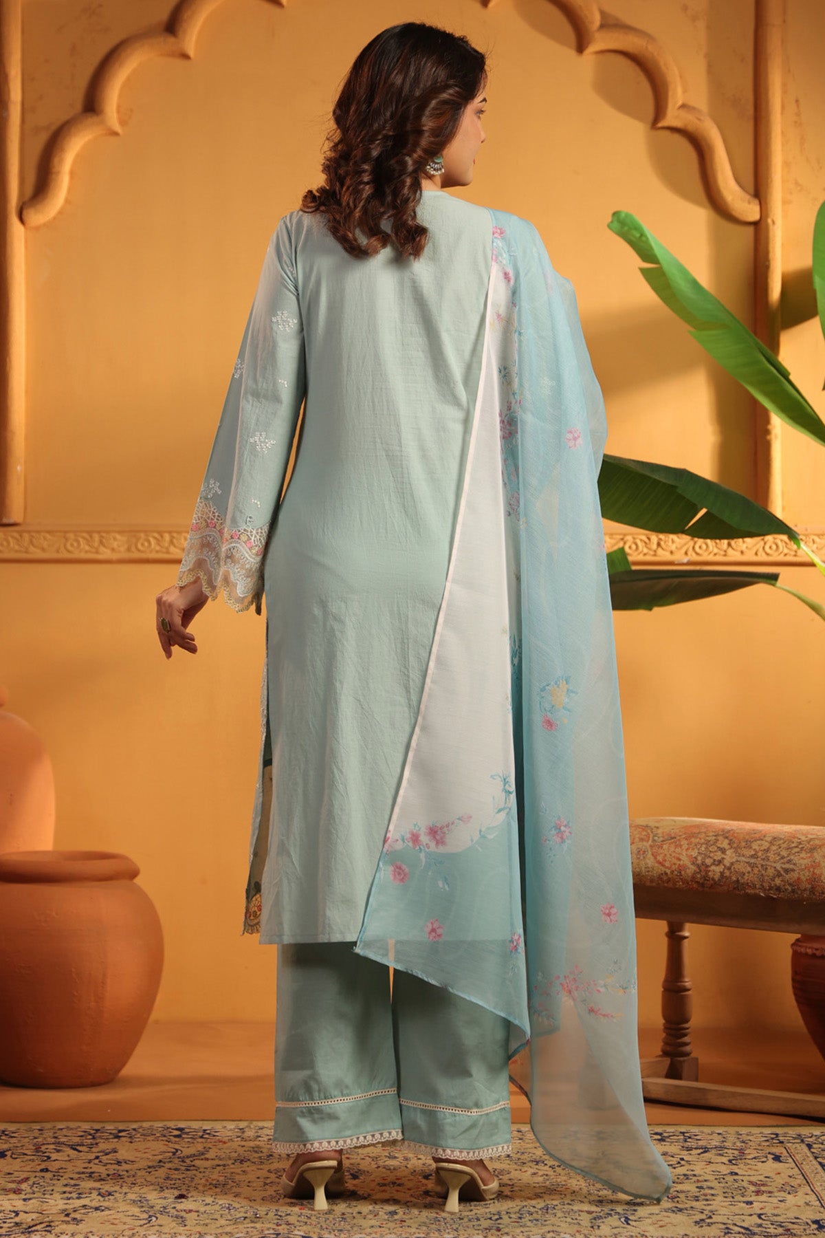 Powder Blue Cotton Embroidered Pakistani Straight Suit Set With Dupatta