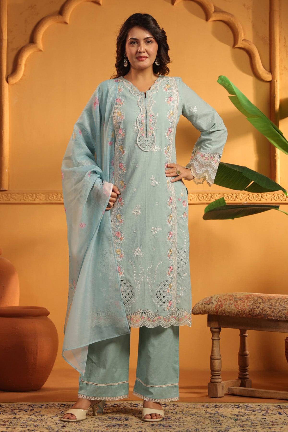 Powder Blue Cotton Embroidered Pakistani Straight Suit Set With Dupatta