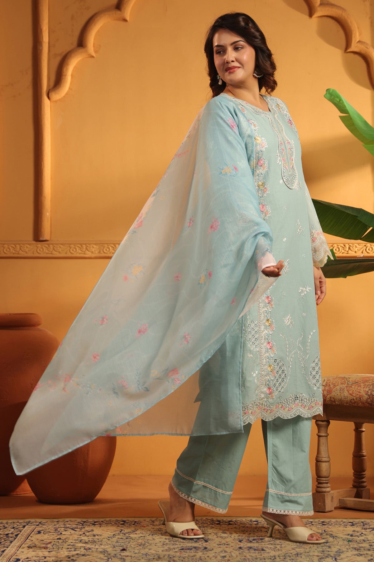 Powder Blue Cotton Embroidered Pakistani Straight Suit Set With Dupatta