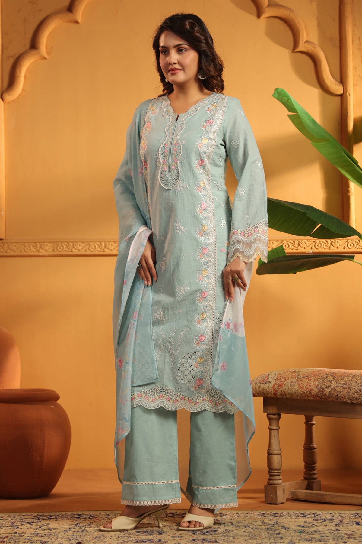 Powder Blue Cotton Embroidered Pakistani Straight Suit Set With Dupatta