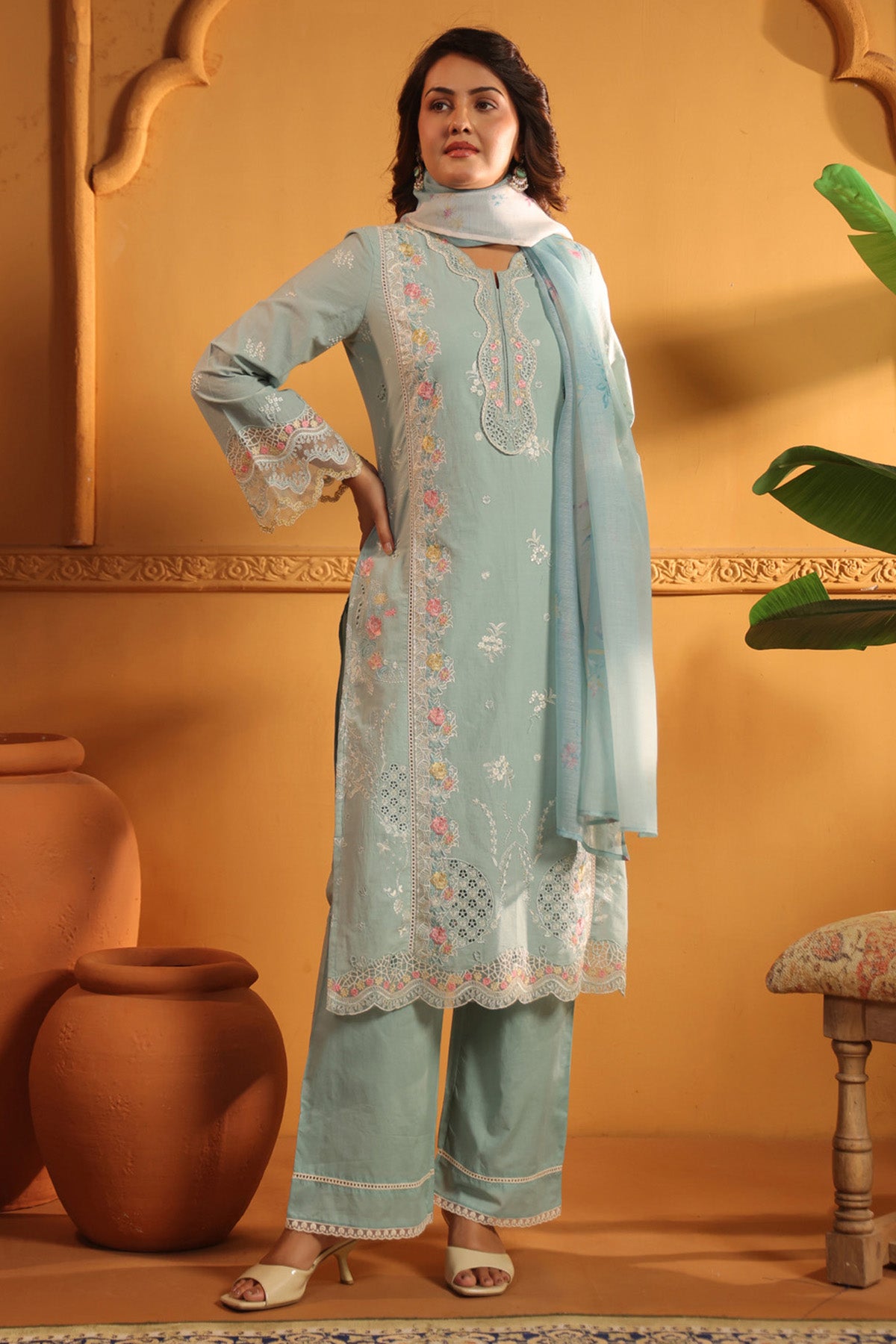 Powder Blue Cotton Embroidered Pakistani Straight Suit Set With Dupatta