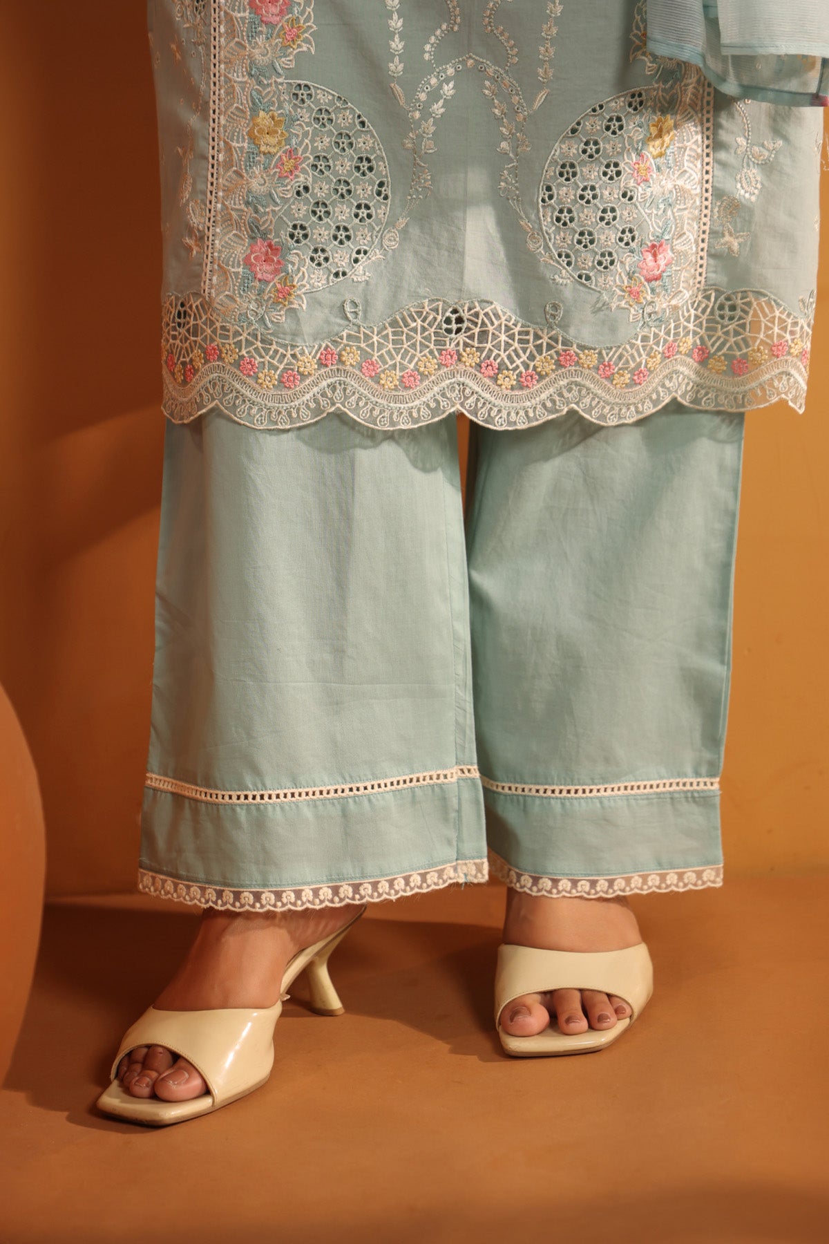 Powder Blue Cotton Embroidered Pakistani Straight Suit Set With Dupatta