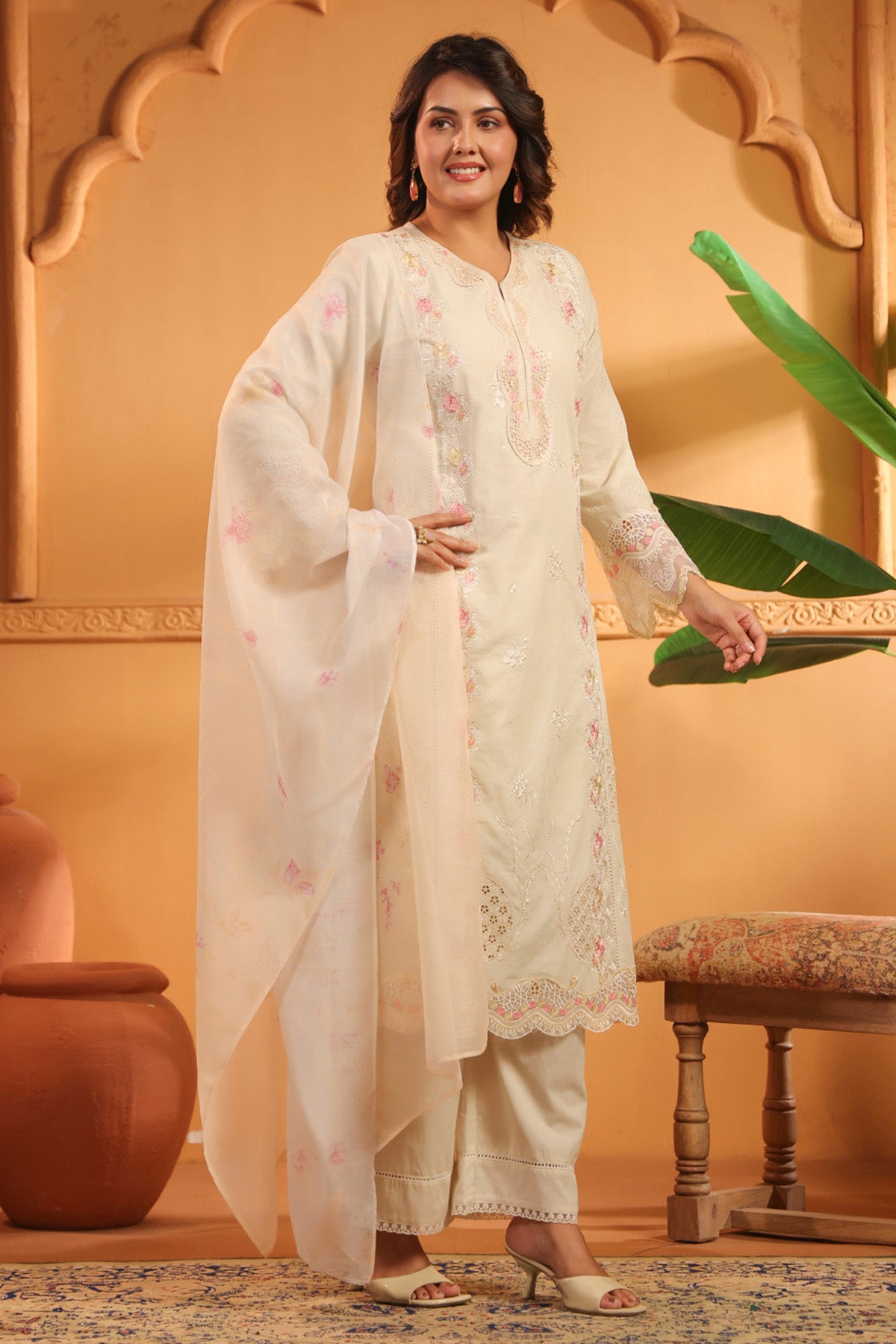 Ivory Cotton Embroidered Pakistani Straight Suit Set With Dupatta
