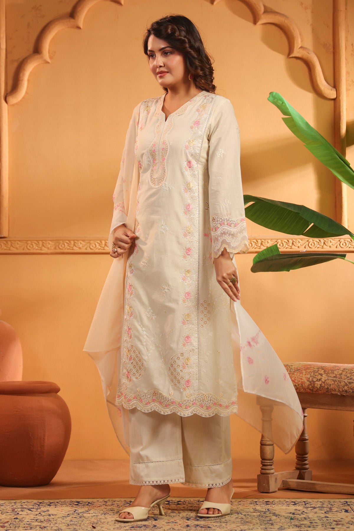Ivory Cotton Embroidered Pakistani Straight Suit Set With Dupatta