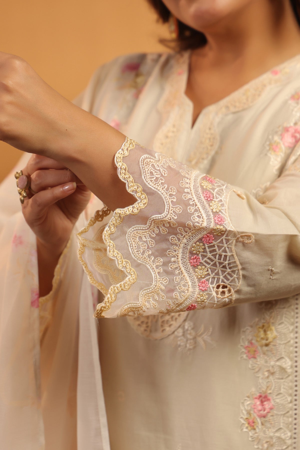Ivory Cotton Embroidered Pakistani Straight Suit Set With Dupatta