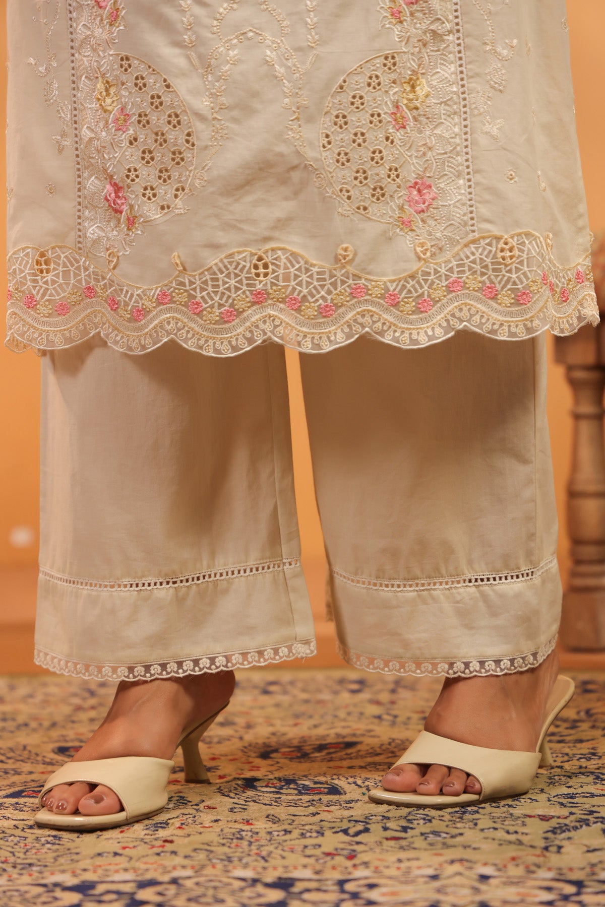 Ivory Cotton Embroidered Pakistani Straight Suit Set With Dupatta