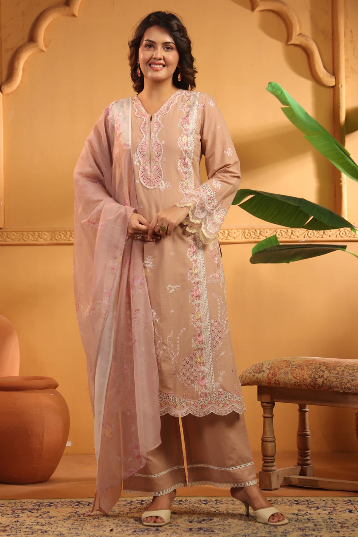 Dusty Peach Cotton Embroidered Pakistani Straight Suit Set With Dupatta