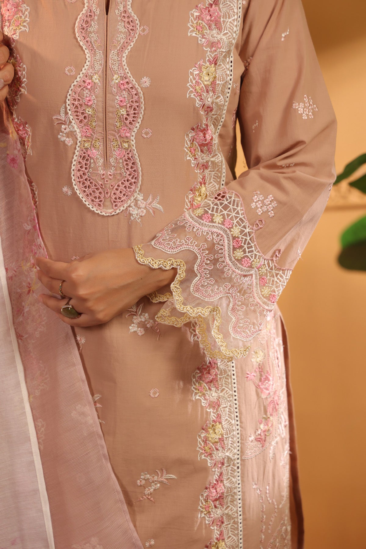 Dusty Peach Cotton Embroidered Pakistani Straight Suit Set With Dupatta