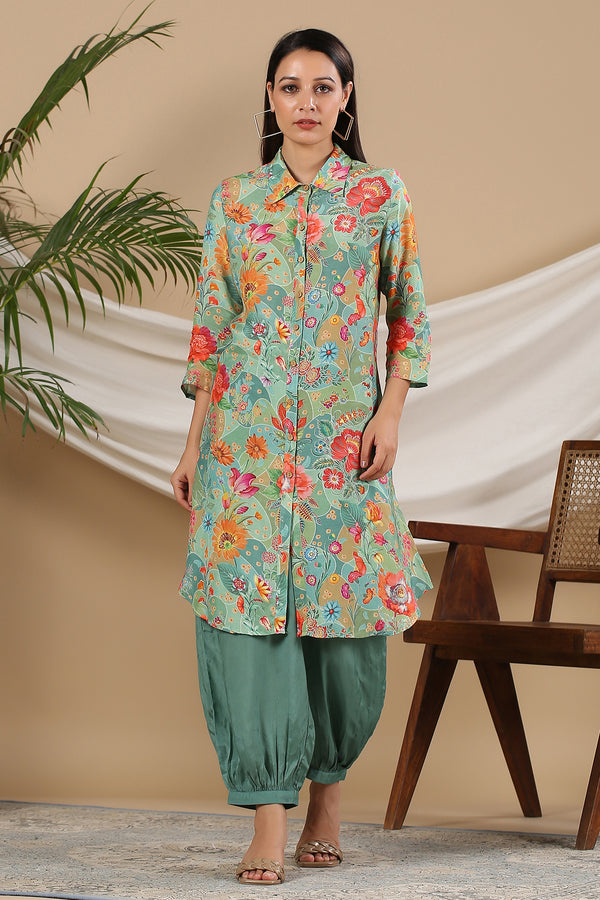 Green Floral Muslin Long Shirt and Harem Set