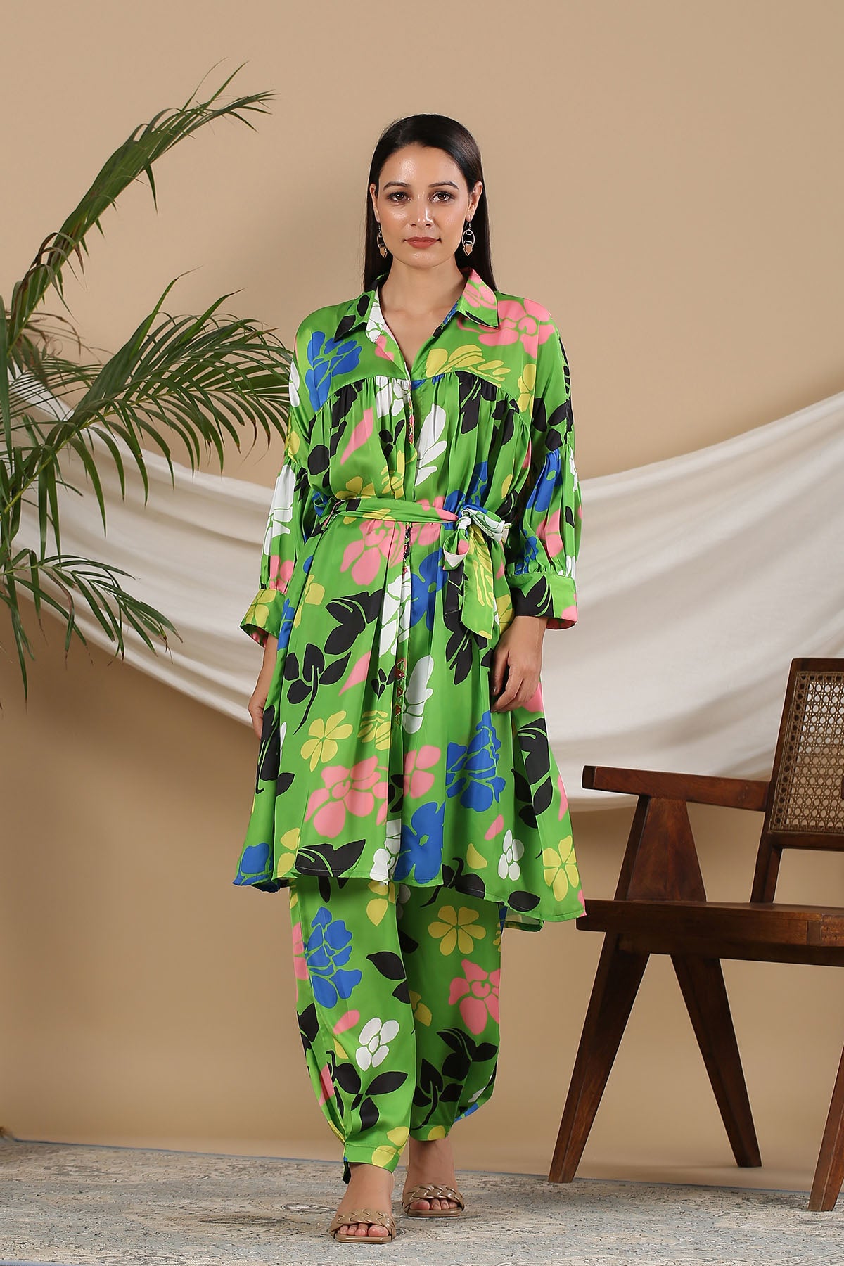 Green Floral Satin Printed Co-ord Set