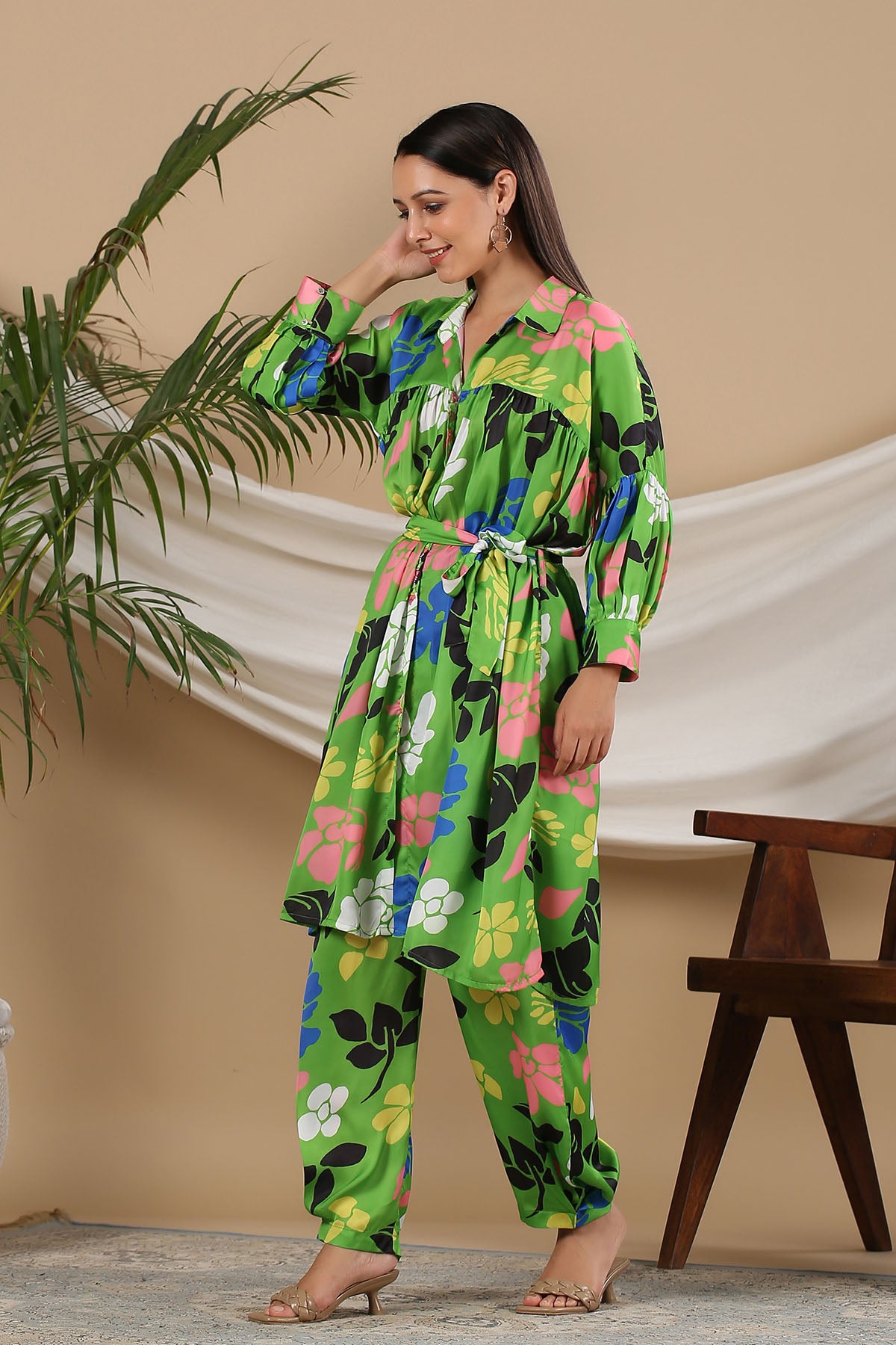 Green Floral Satin Printed Co-ord Set