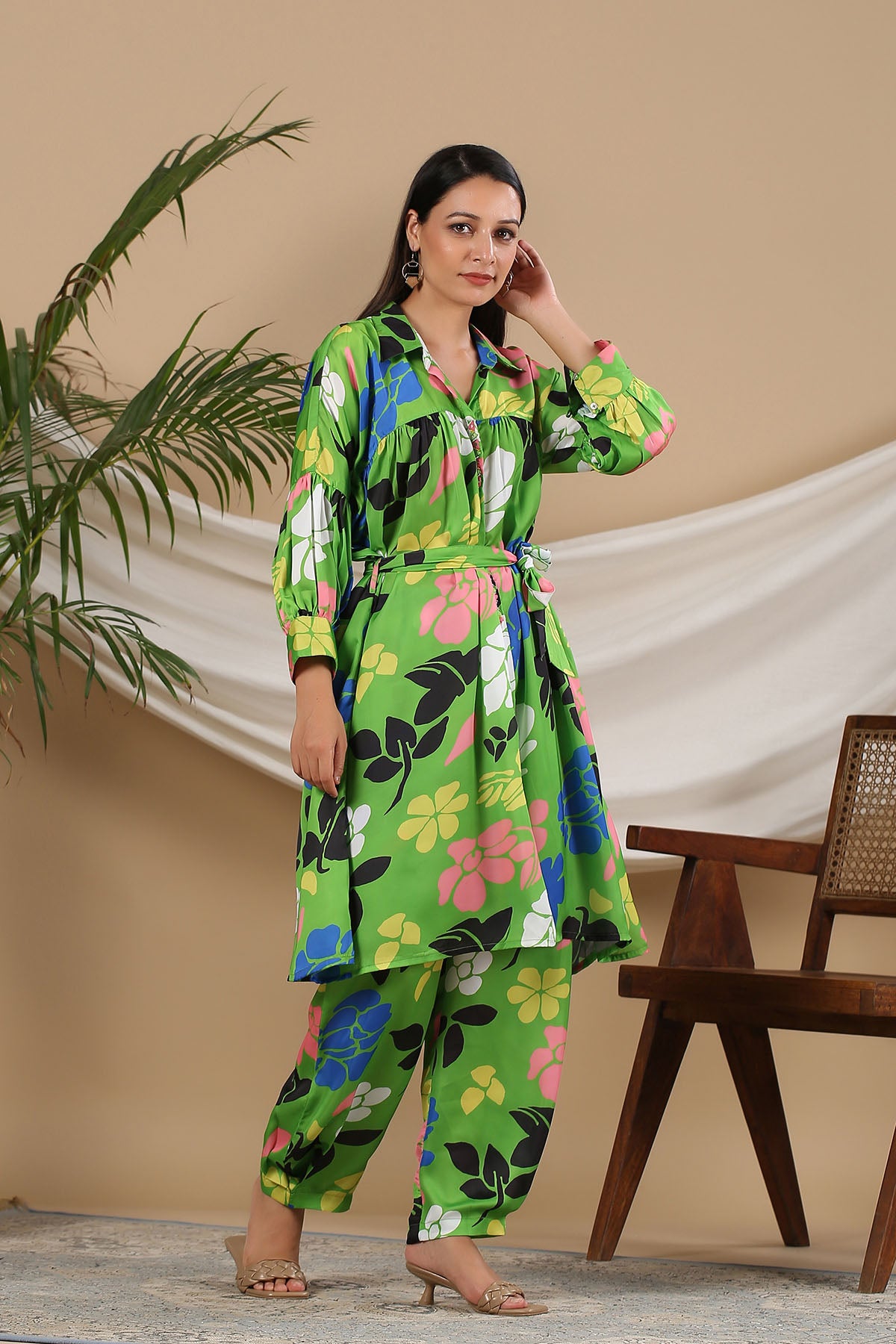 Green Floral Satin Printed Co-ord Set