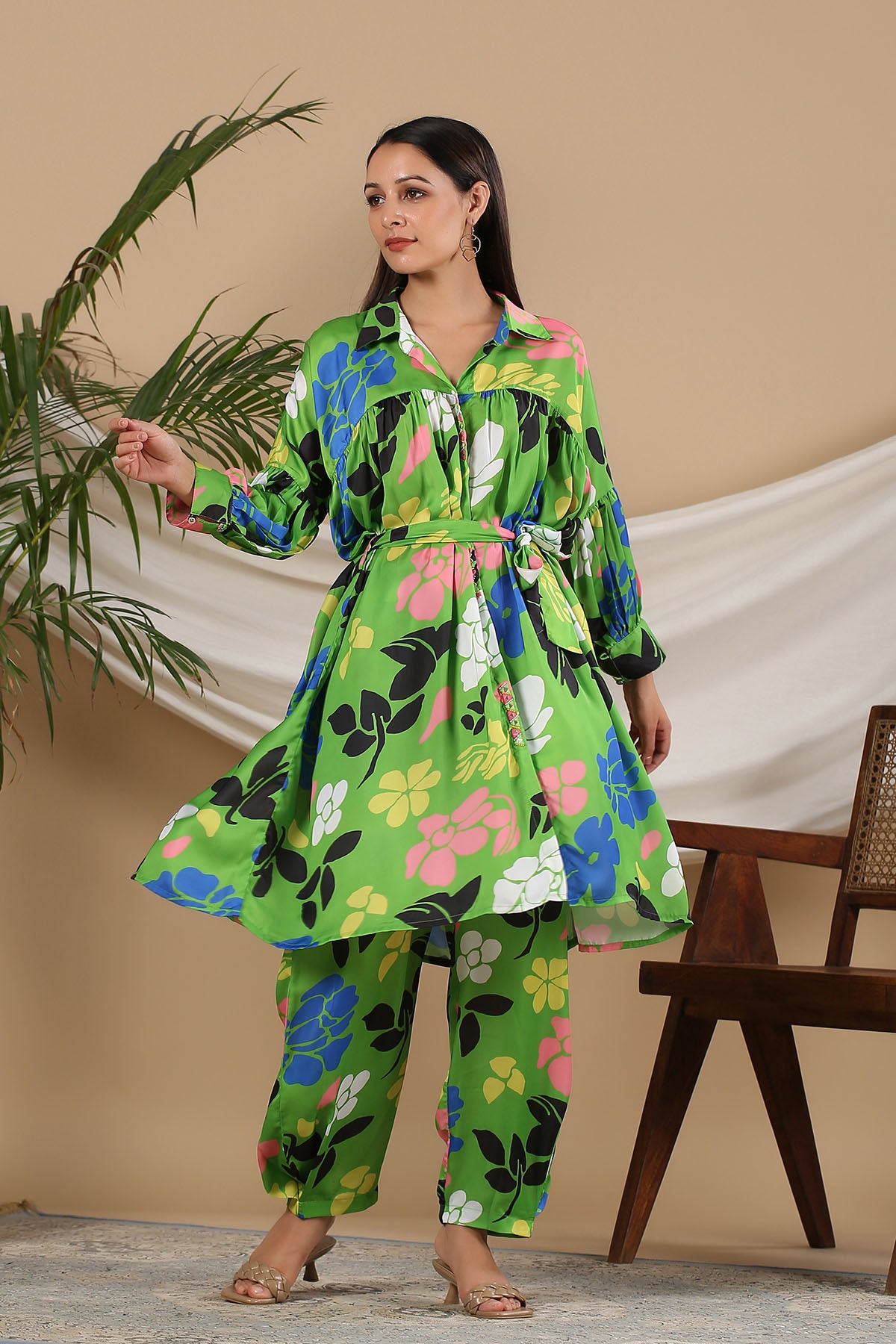 Green Floral Satin Printed Co-ord Set