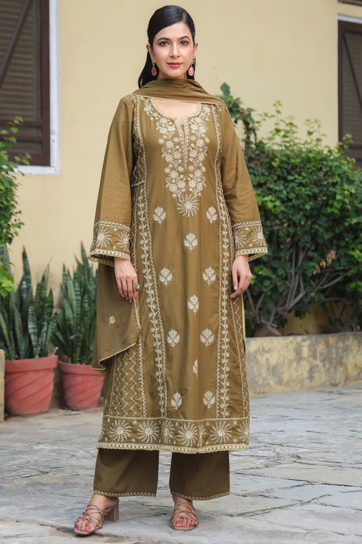 Olive Brown Mul Cotton Embroidered A-Line Suit Set With Dupatta