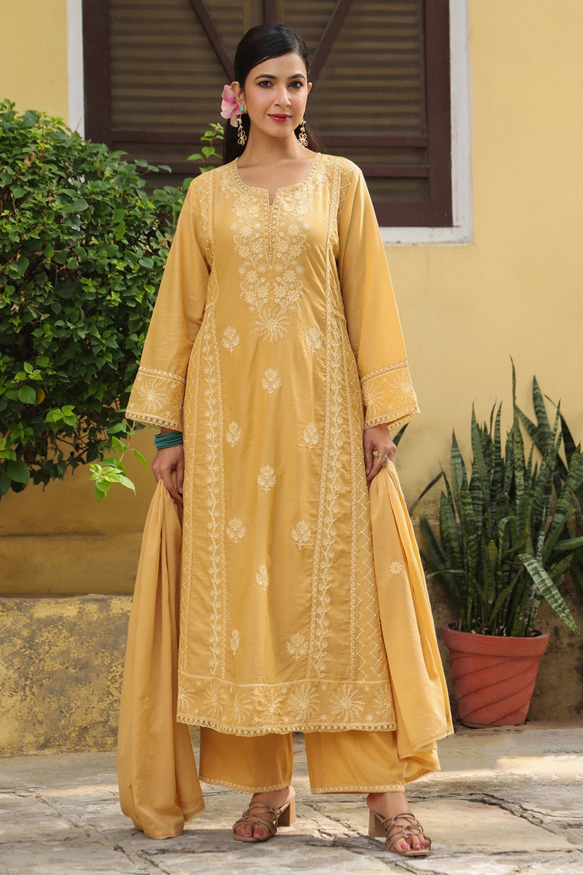 Mustard Beige Mul Cotton Embroidered A-Line Suit Set With Dupatta