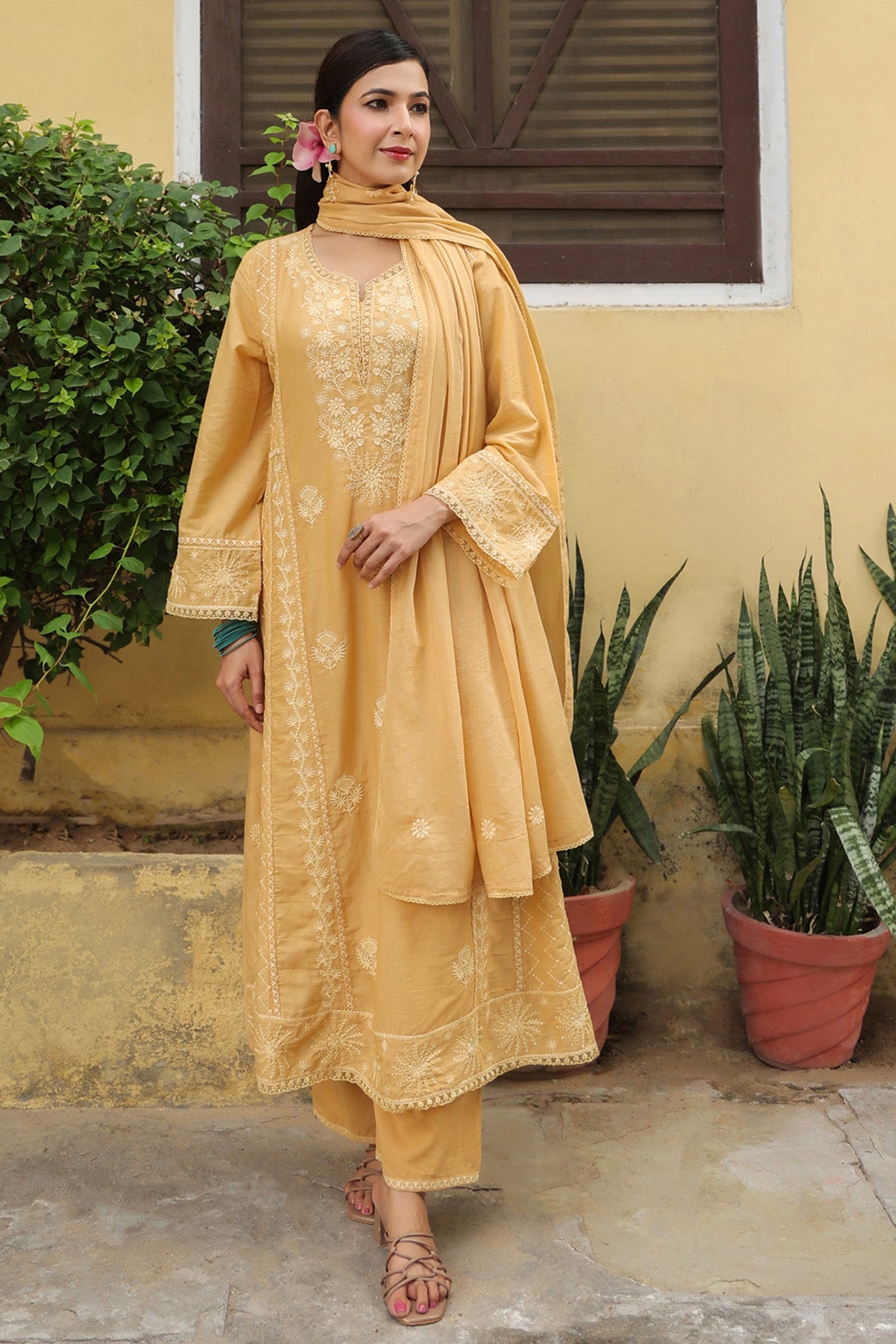 Mustard Beige Mul Cotton Embroidered A-Line Suit Set With Dupatta