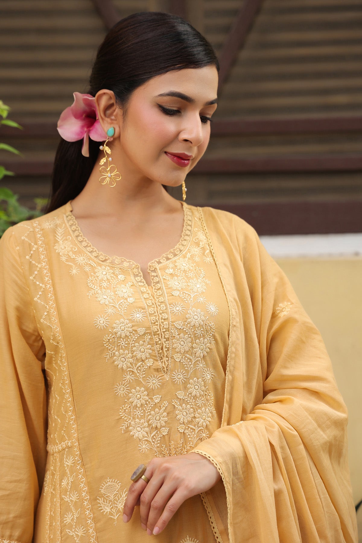 Mustard Beige Mul Cotton Embroidered A-Line Suit Set With Dupatta