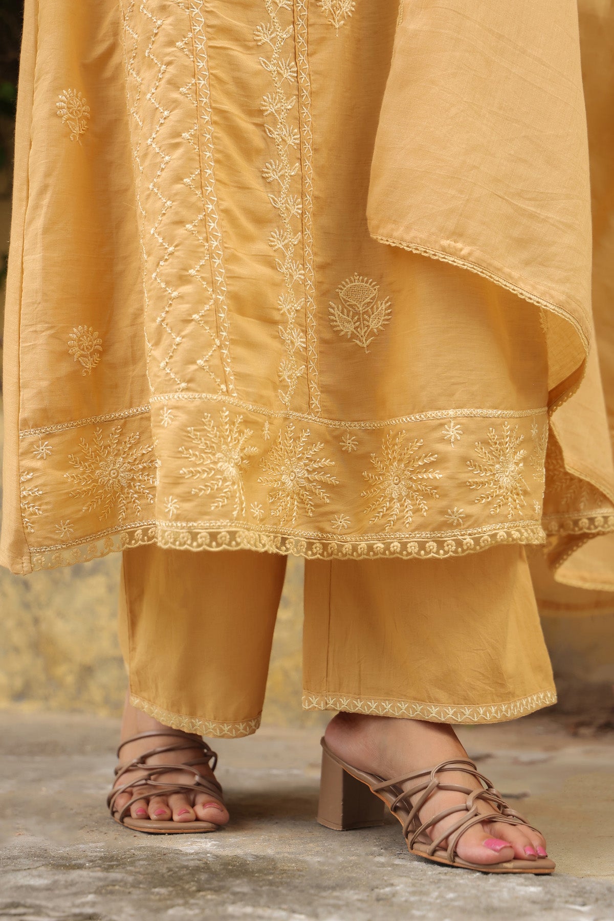 Mustard Beige Mul Cotton Embroidered A-Line Suit Set With Dupatta
