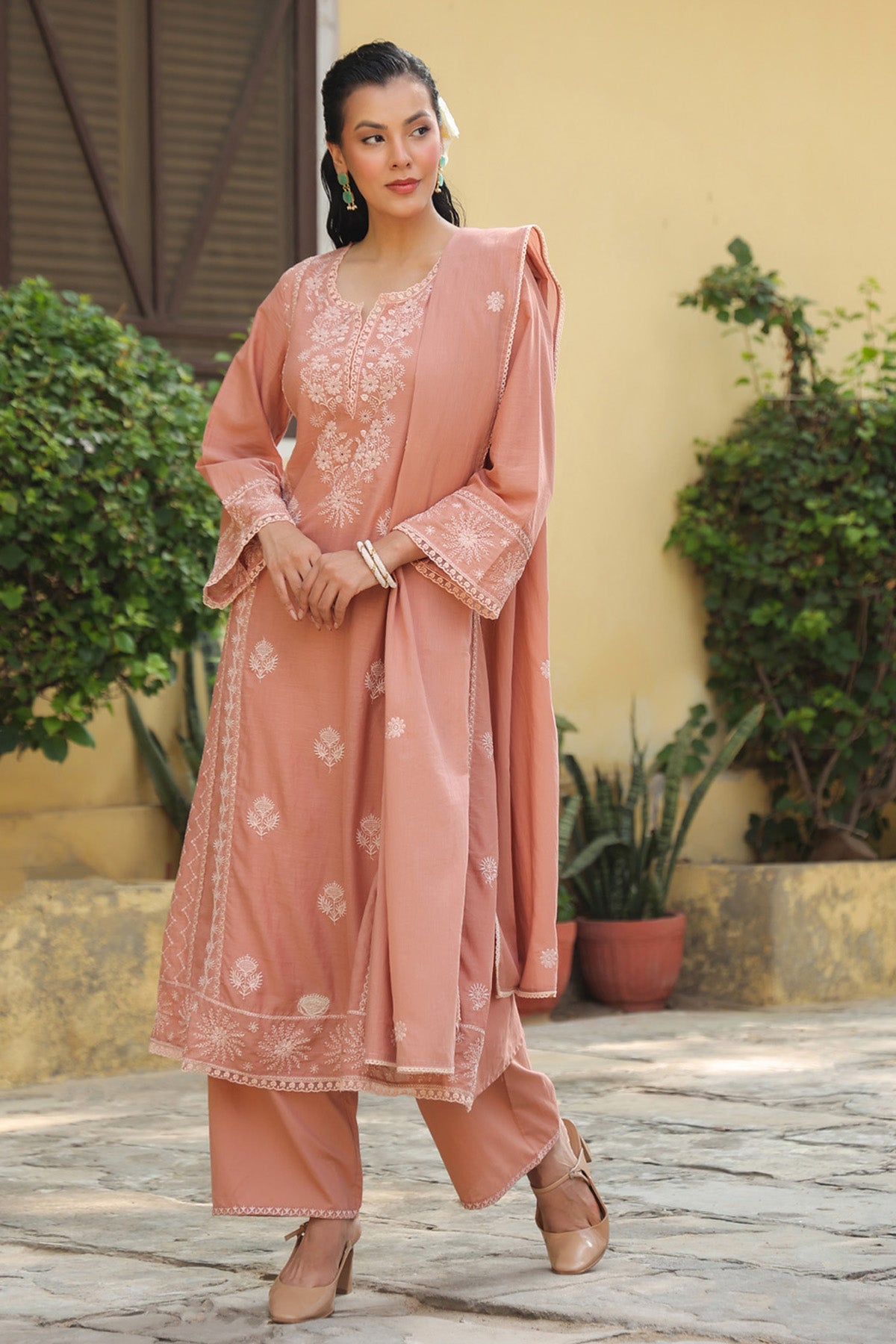 Dusty Peach Mul Cotton Embroidered A-Line Suit Set With Dupatta