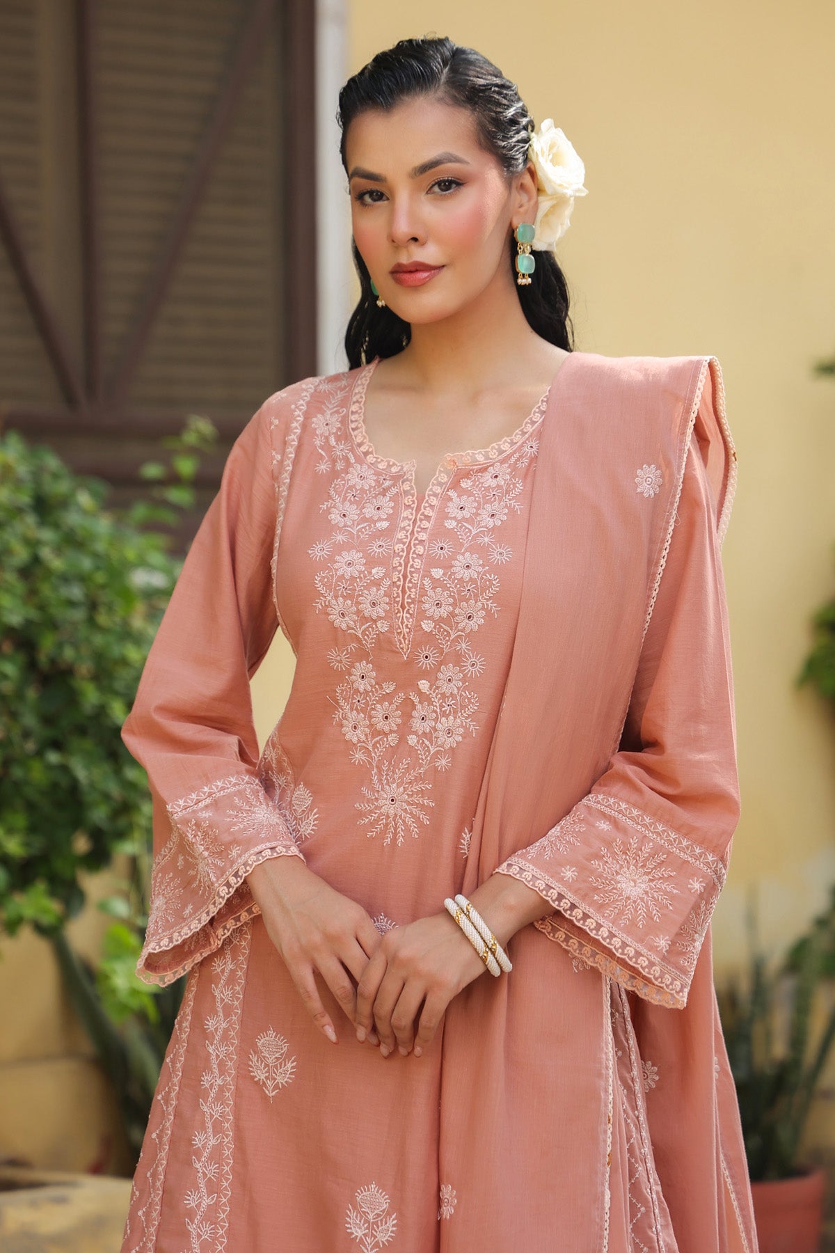 Dusty Peach Mul Cotton Embroidered A-Line Suit Set With Dupatta