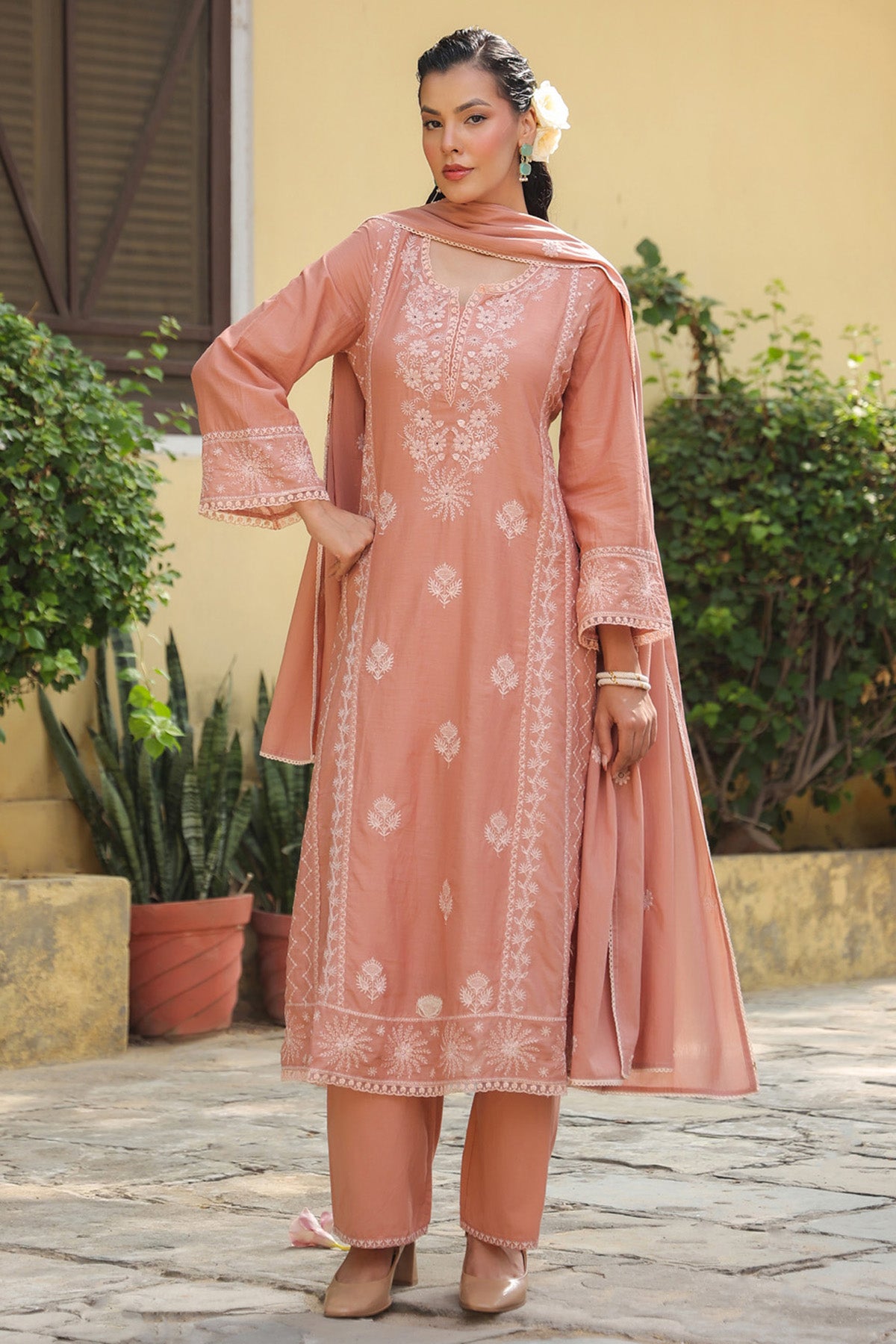 Dusty Peach Mul Cotton Embroidered A-Line Suit Set With Dupatta