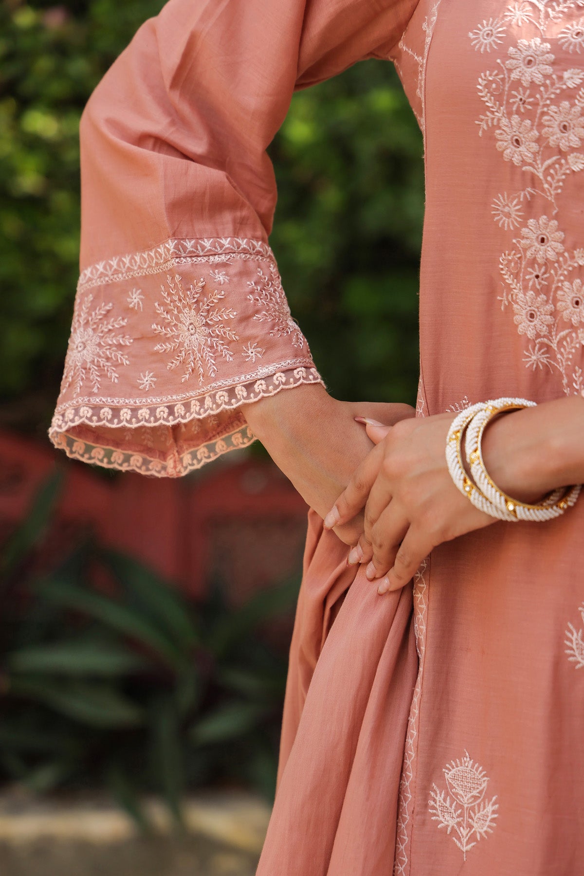 Dusty Peach Mul Cotton Embroidered A-Line Suit Set With Dupatta