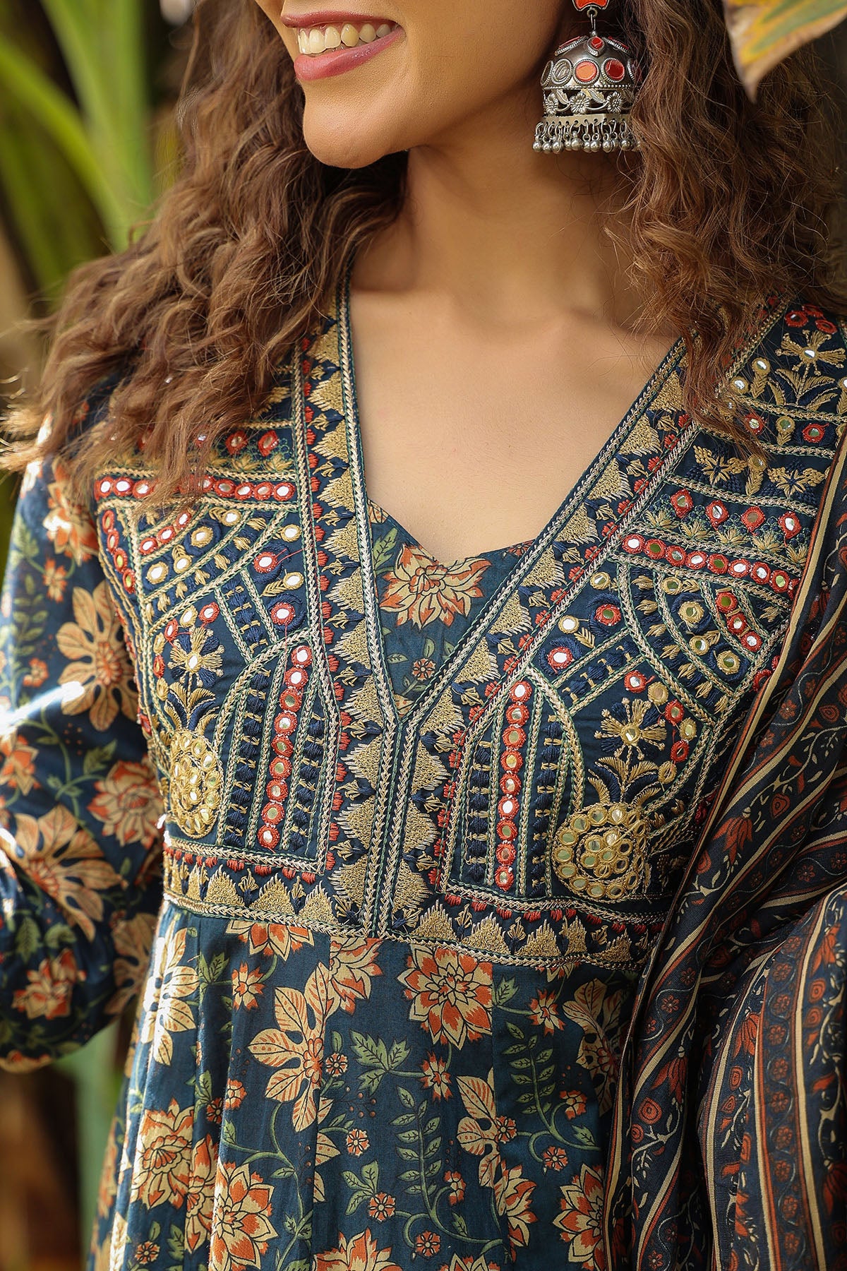 Navy Blue Floral Embroidered Anarkali Suit
