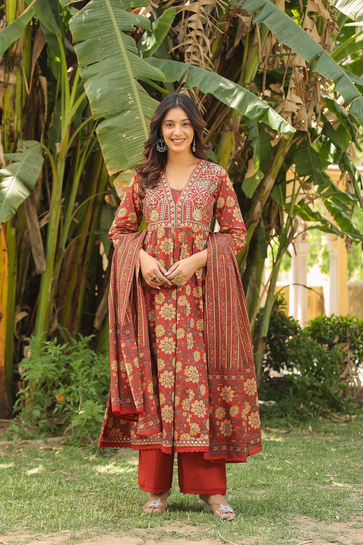 Red Floral Embroidered Anarkali Suit