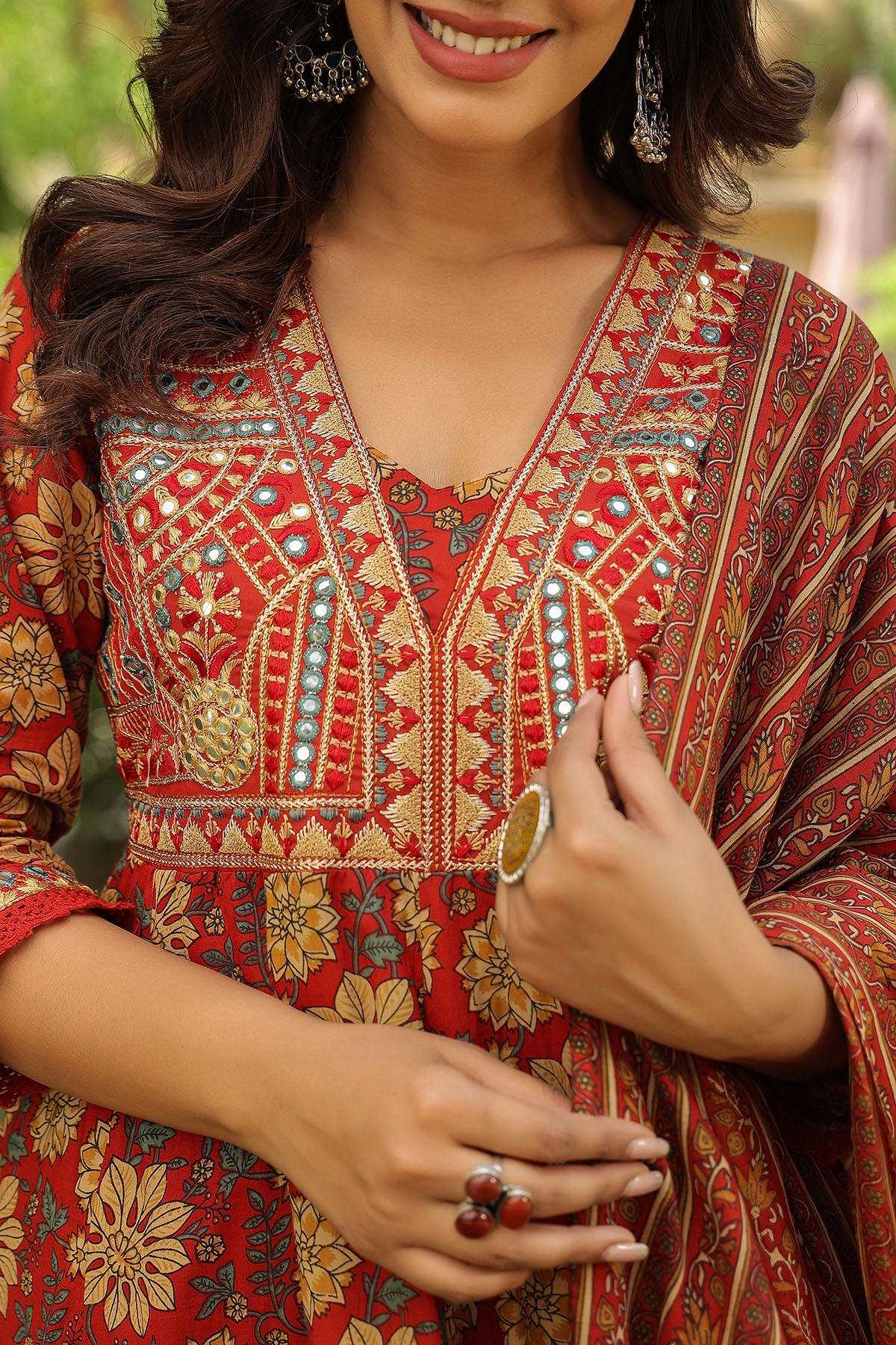 Red Floral Embroidered Anarkali Suit