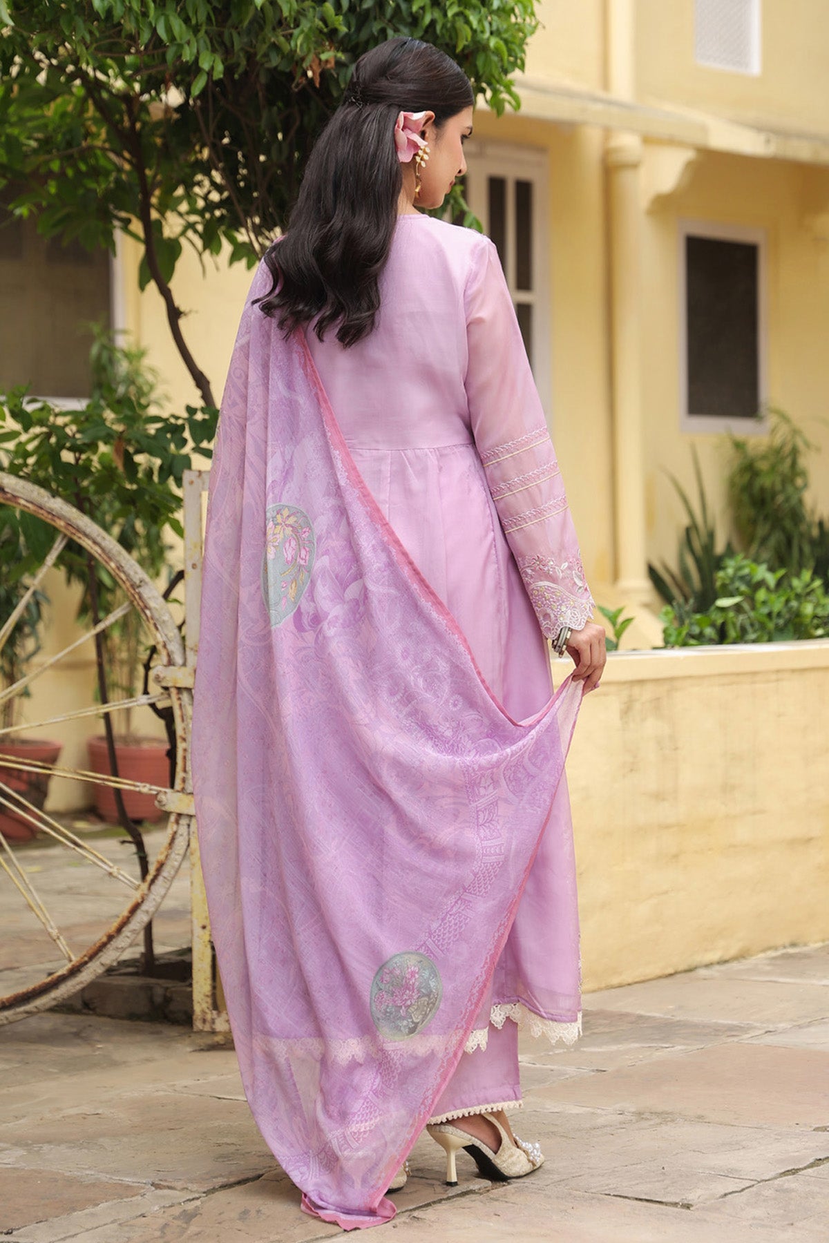 Lavender Pink Organza Embroidered Anarkali Suit Set With Dupatta