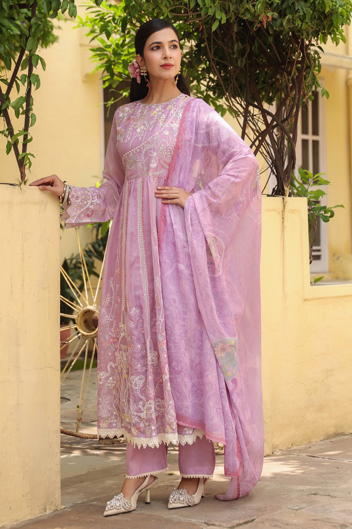 Lavender Pink Organza Embroidered Anarkali Suit Set With Dupatta