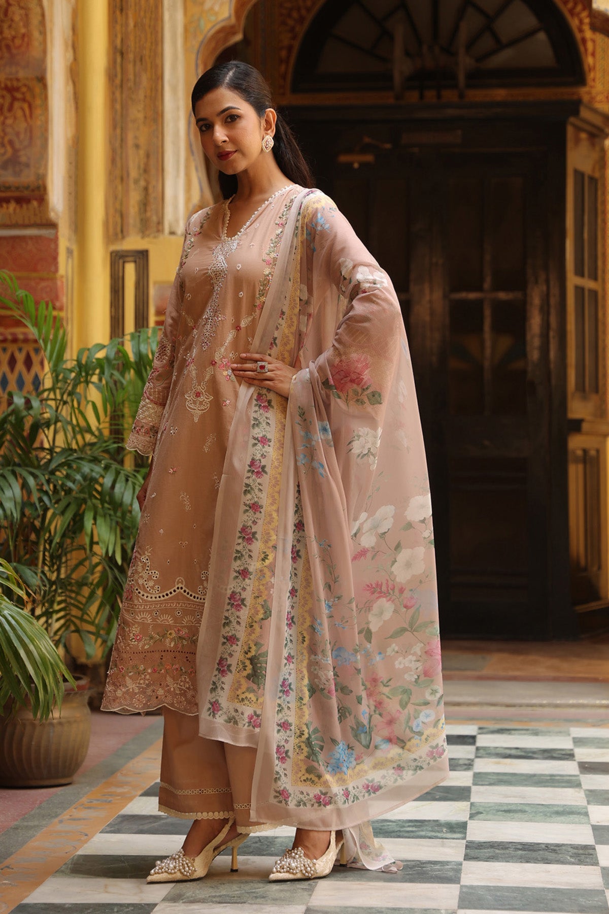 Dusty Peach Cotton Embroidered Straight Suit Set With Dupatta
