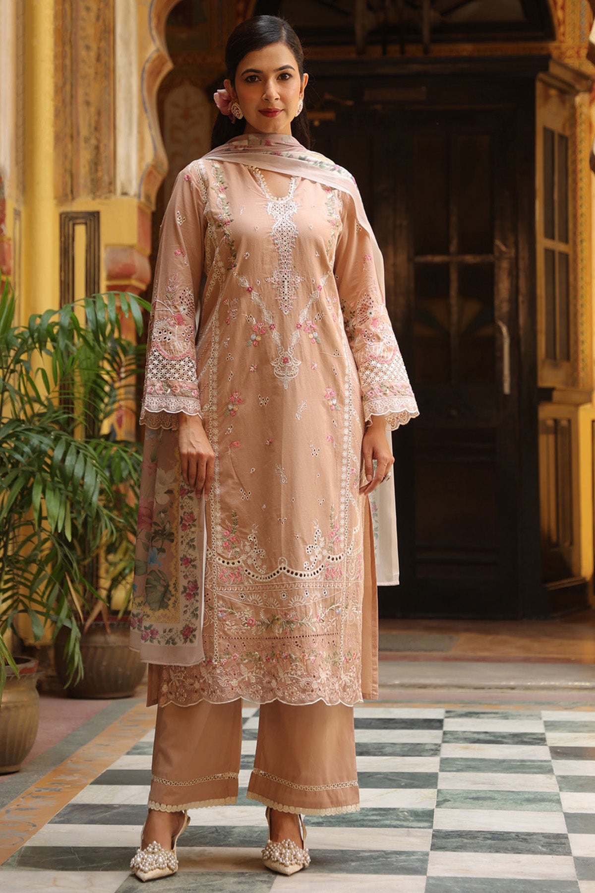 Dusty Peach Cotton Embroidered Straight Suit Set With Dupatta