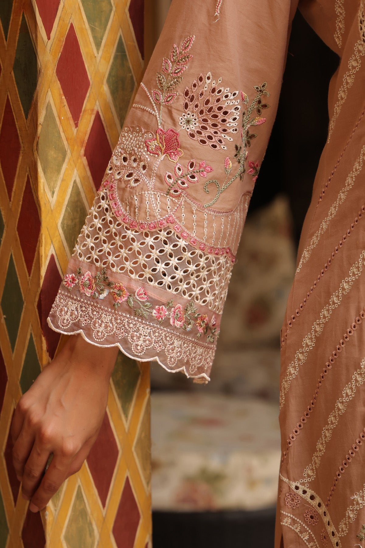 Dusty Peach Cotton Embroidered Straight Suit Set With Dupatta