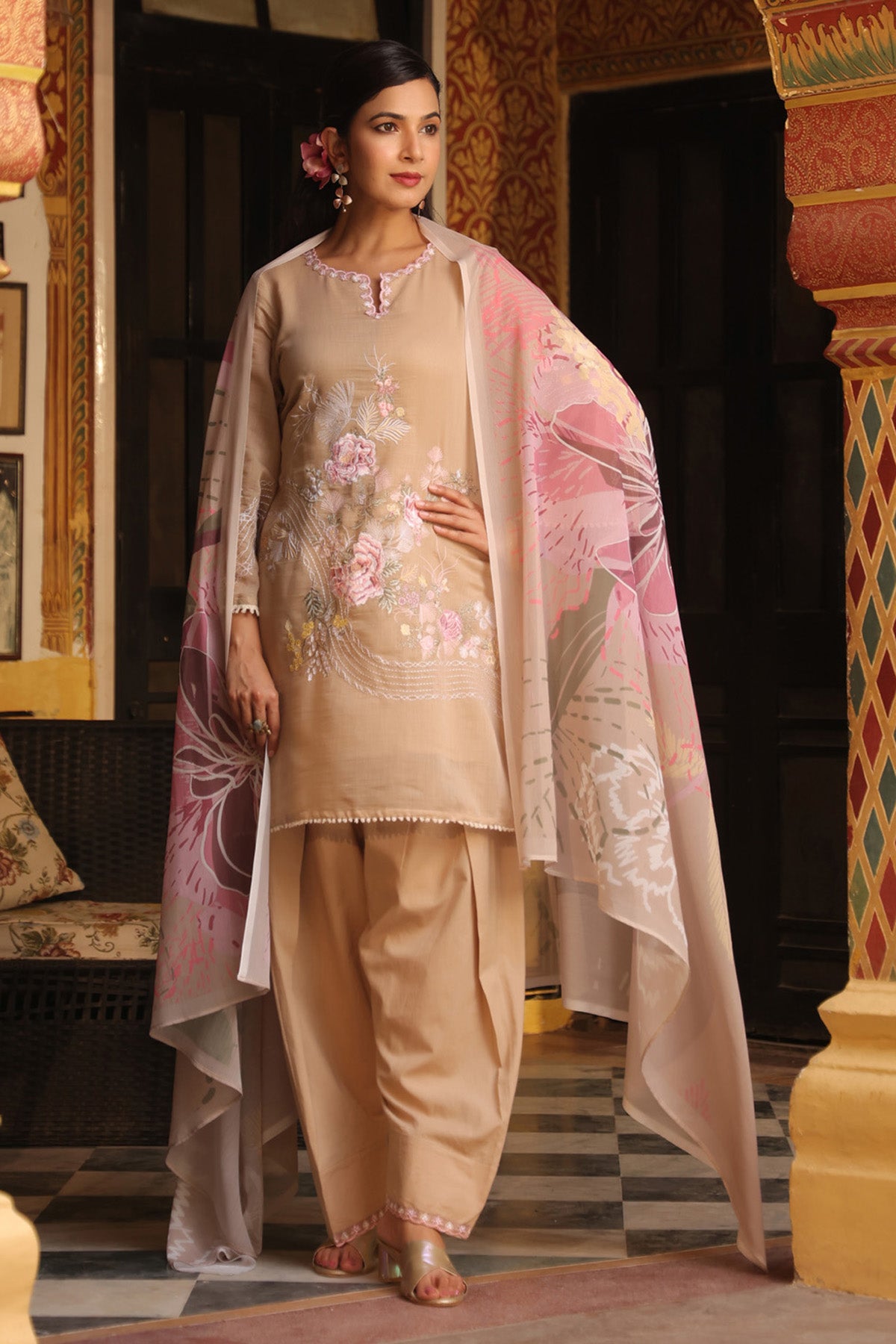Beige Mul Chanderi Embroidered Farshi Suit Set With Dupatta