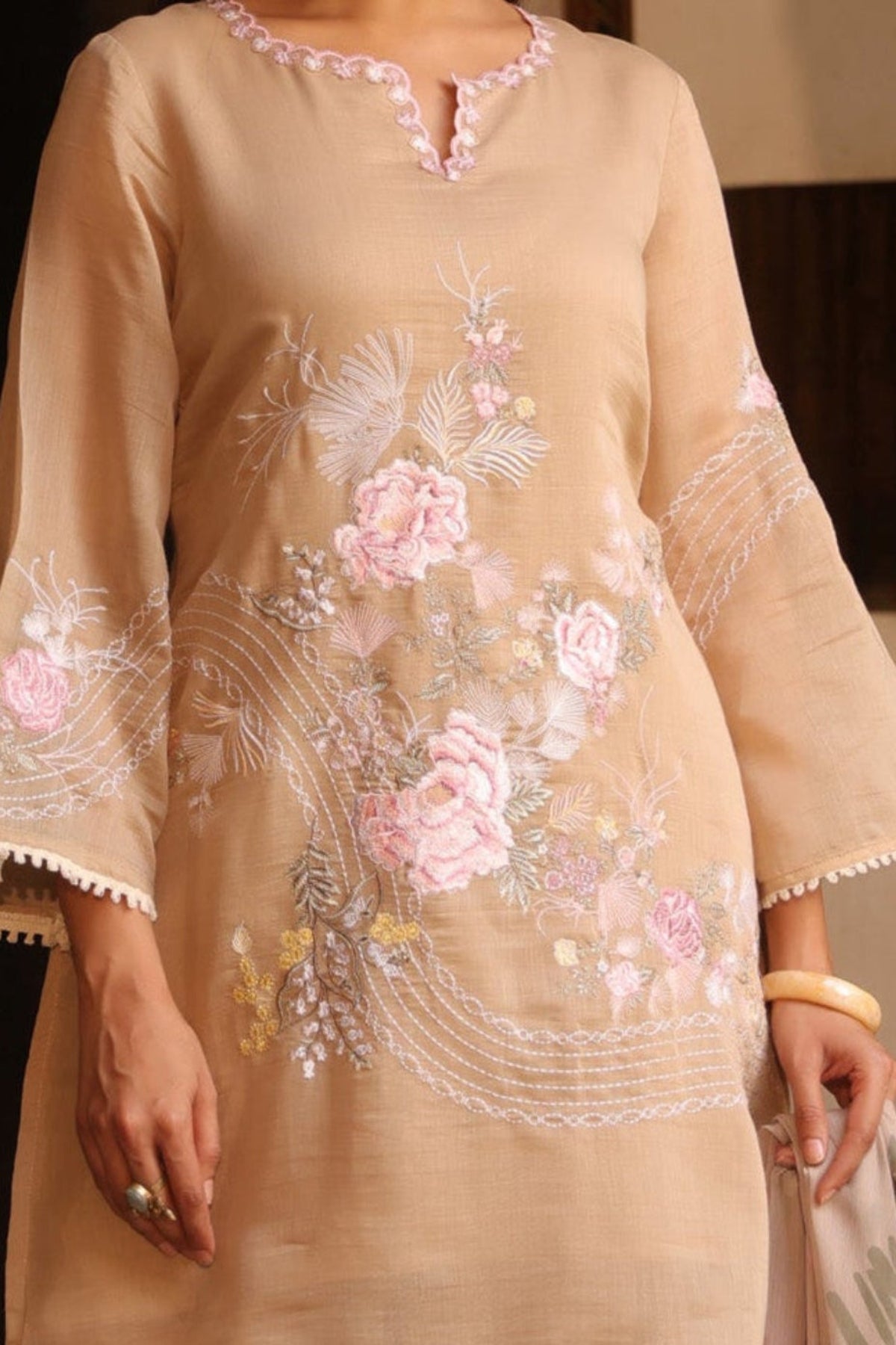 Beige Mul Chanderi Embroidered Farshi Suit Set With Dupatta