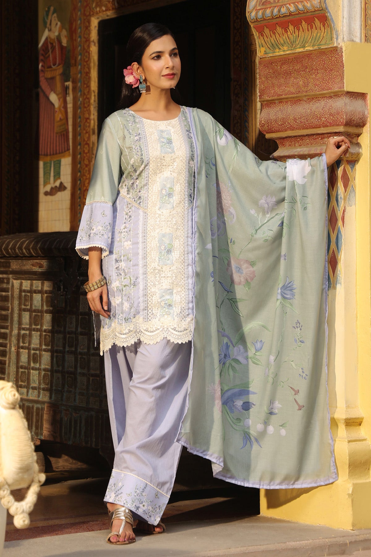 Lavender Cotton Embroidered Farshi Suit Set With Dupatta