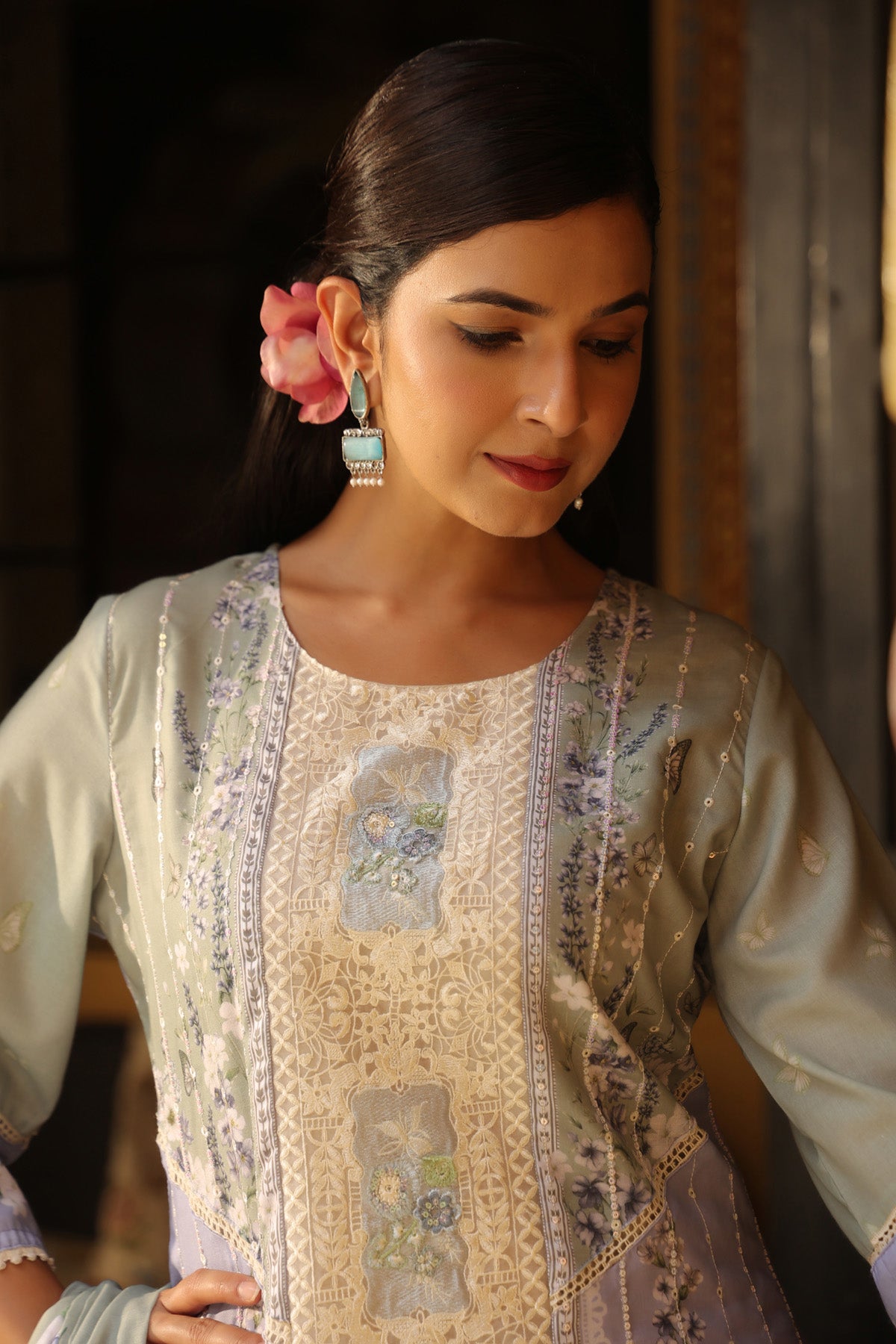 Lavender Cotton Embroidered Farshi Suit Set With Dupatta