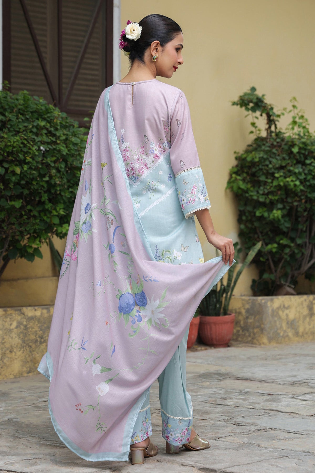 Powder Blue Cotton Embroidered Farshi Suit Set With Dupatta