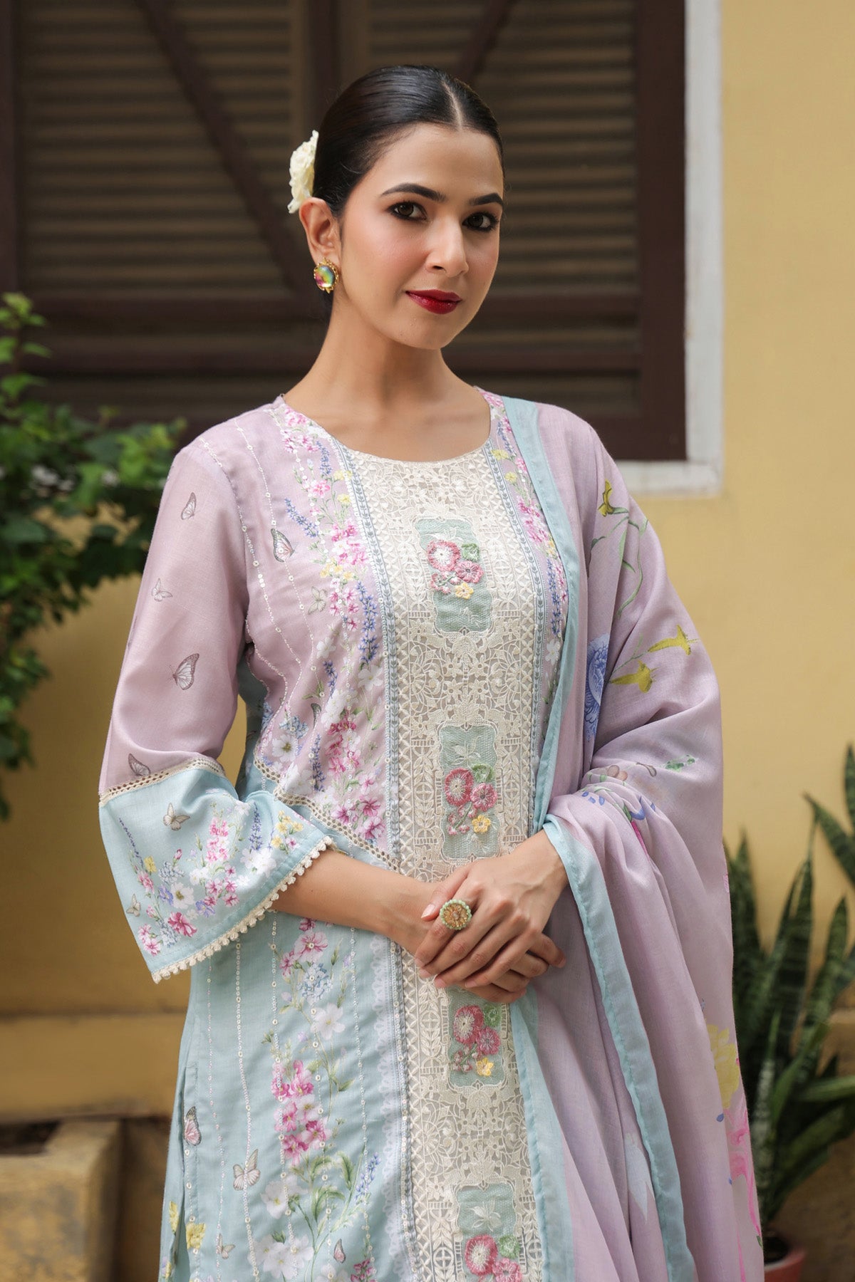 Powder Blue Cotton Embroidered Farshi Suit Set With Dupatta