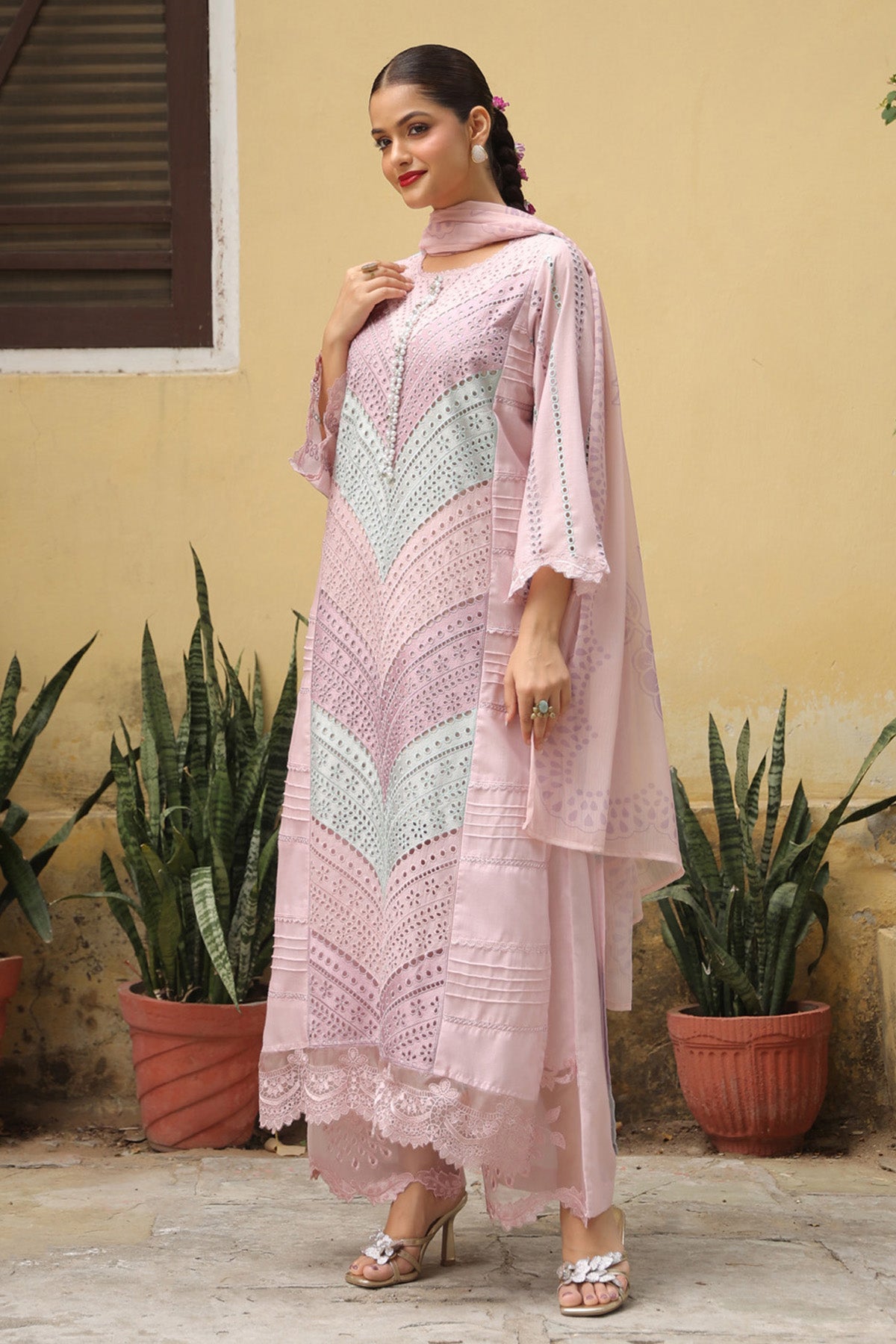 Pink Cotton Handwork Straight Pakistani Suit Set