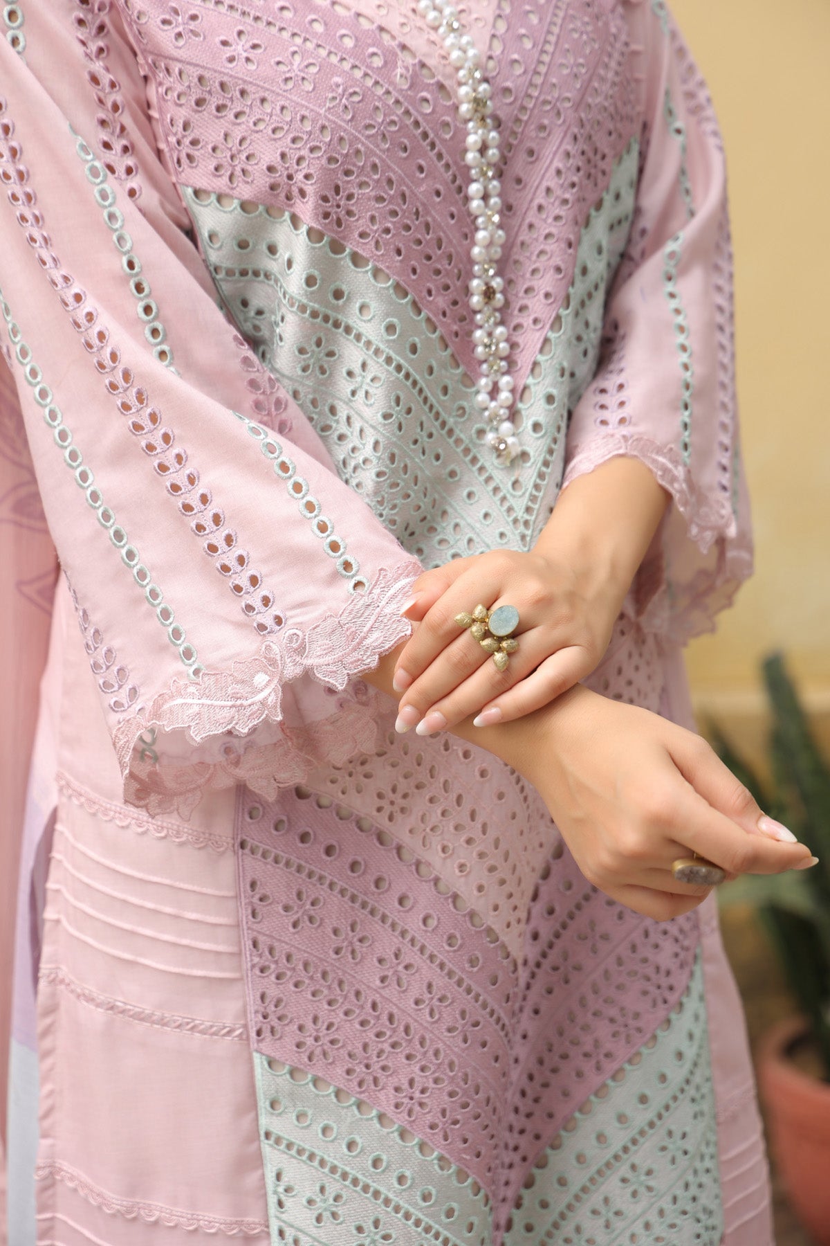 Pink Cotton Handwork Straight Pakistani Suit Set