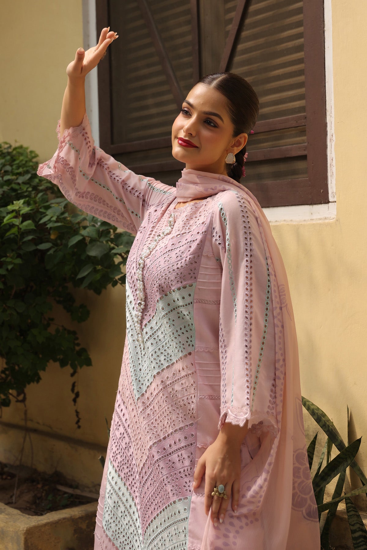 Pink Cotton Handwork Straight Pakistani Suit Set