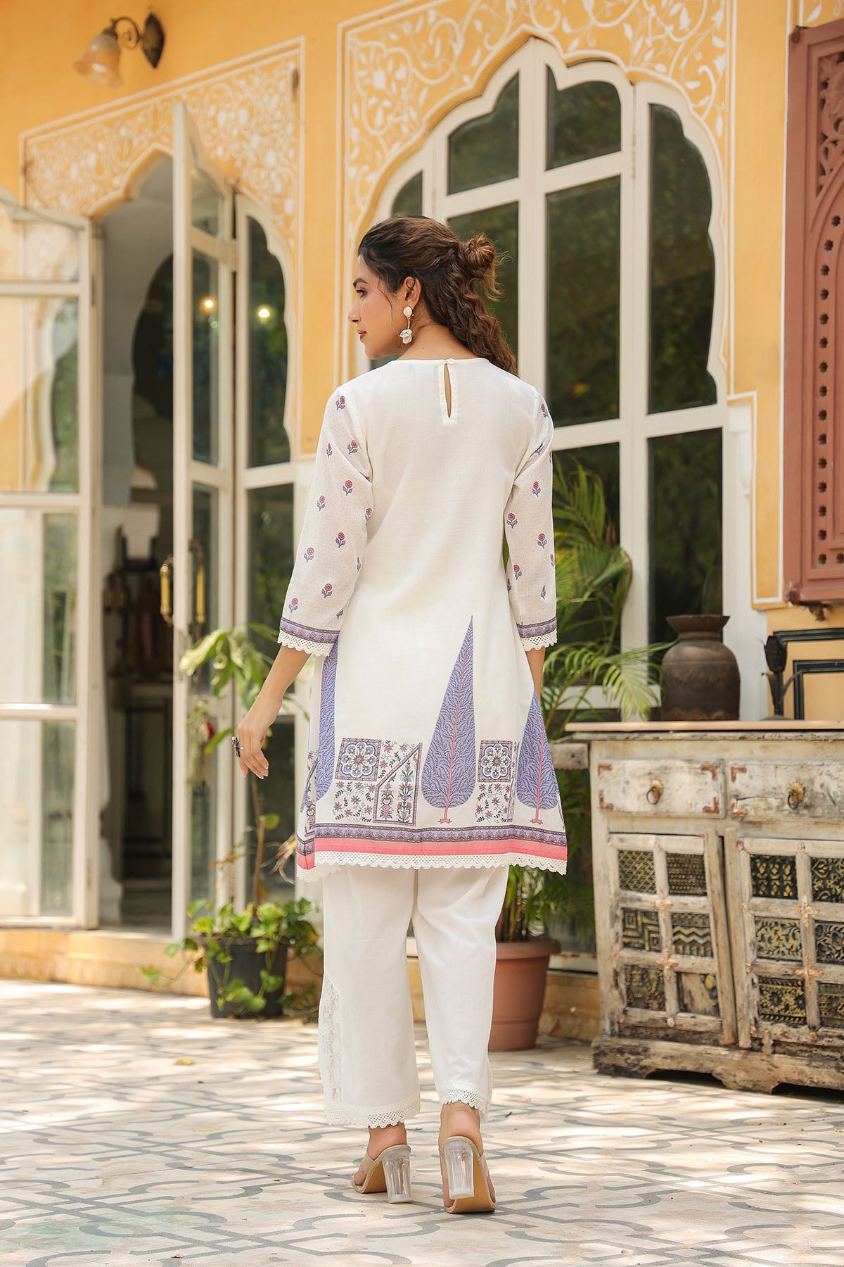 White & Purple Cotton Printed Co-Ord Set